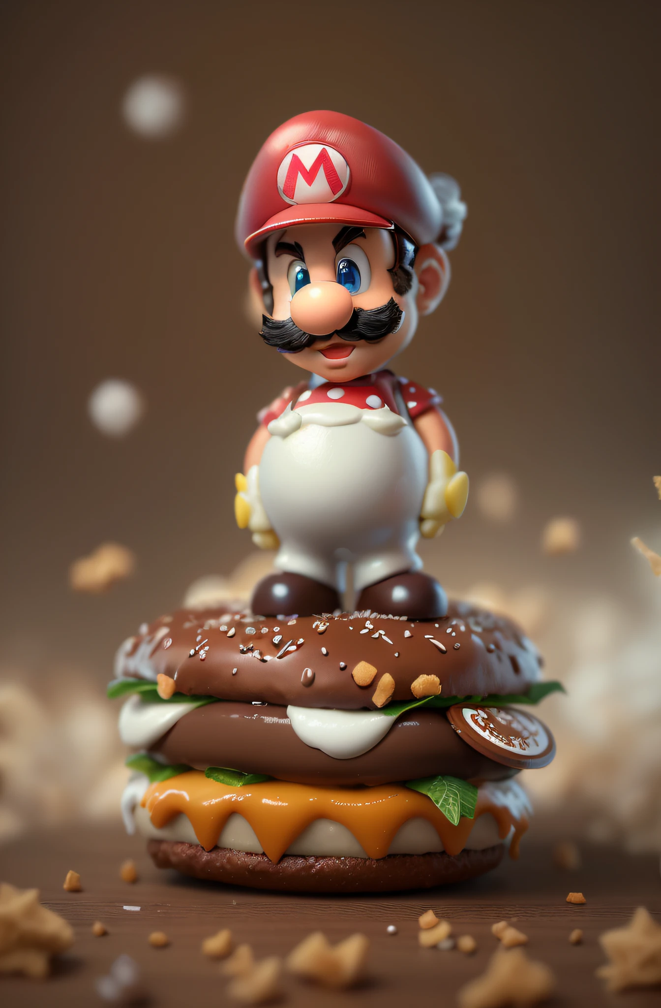 Mario Bross on a chocolate-covered burger with whipped cream in a disco hell, corpo inteiro, Patches, textura, patterns, filme noir ainda, ultra realistic, master part, detalhe delicado, crisp quality, hiper-realista, Cinematic lighting, movimento de desfoque, adolable, Amazing, Splendid, deslumbrante, fascinante, polido, muito lindo, moderno, Rosto detalhado, breath-taking, Premiado, rosto perfeito, deslumbrante, maravilhoso, irresistible