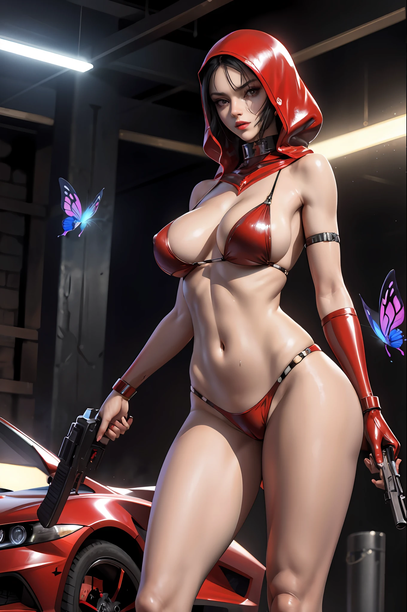 (Best Quality, Masterpiece), A cinematic movie poster for an action film, 1woman, Arabic, middle eastern, wearing silk Hijab, Crimson red PVC bikini, a tattoo of a butterfly under her belly, polished nails:0.91, huge breasts, glossy lips, private parts slightly visible, stockings, high heels, Cyberpunk theme, policewoman, holding a firearm, explosions, beams, blasters, cinematic, fade