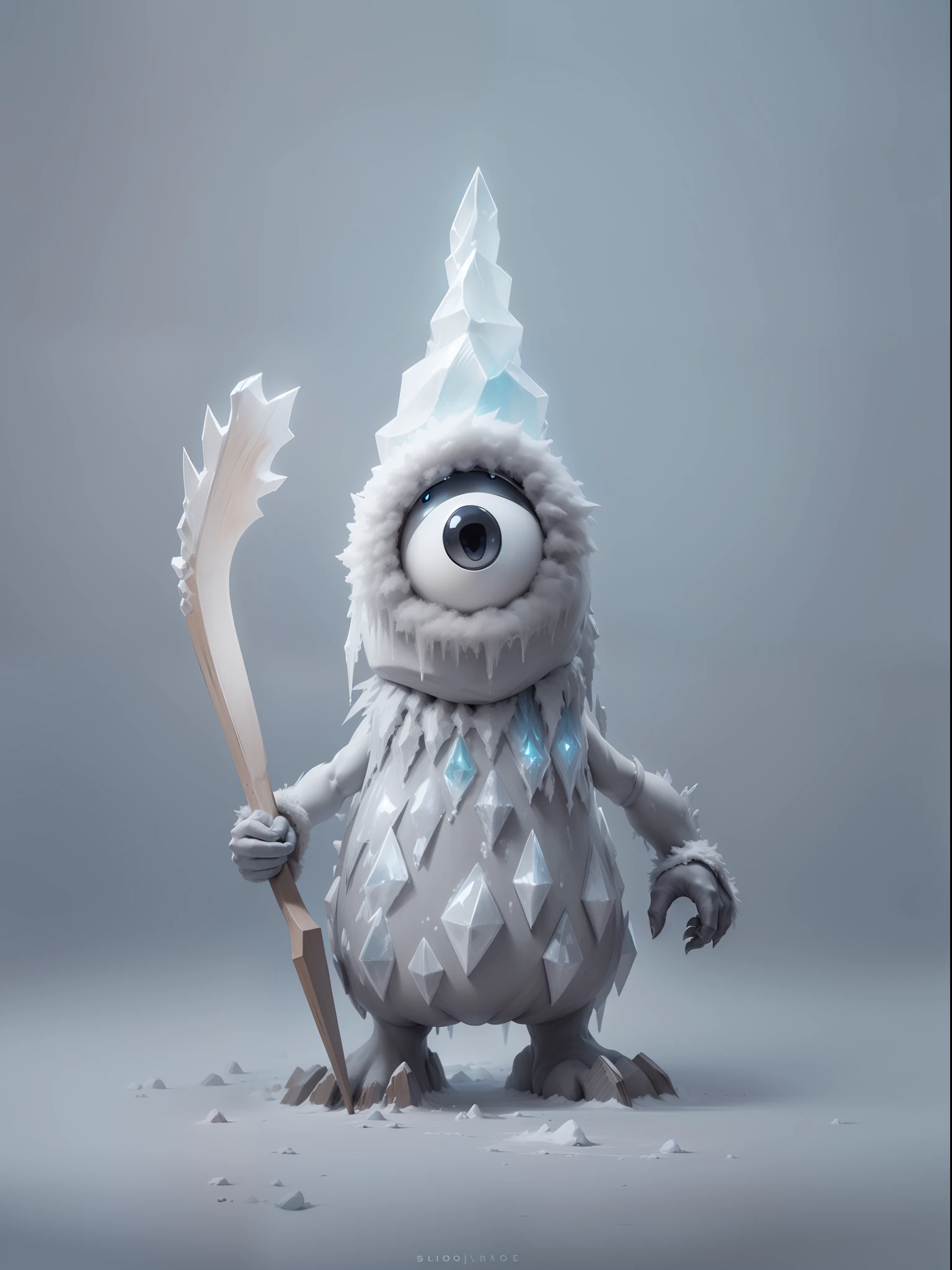 Ice Monster, powerfull, Looking like a snowman, Icicle nose, Wooden arms, Character design, hiquality, crisp detailing, ((((Full-length)))), (((MATTE GRAY BACKGROUND)))