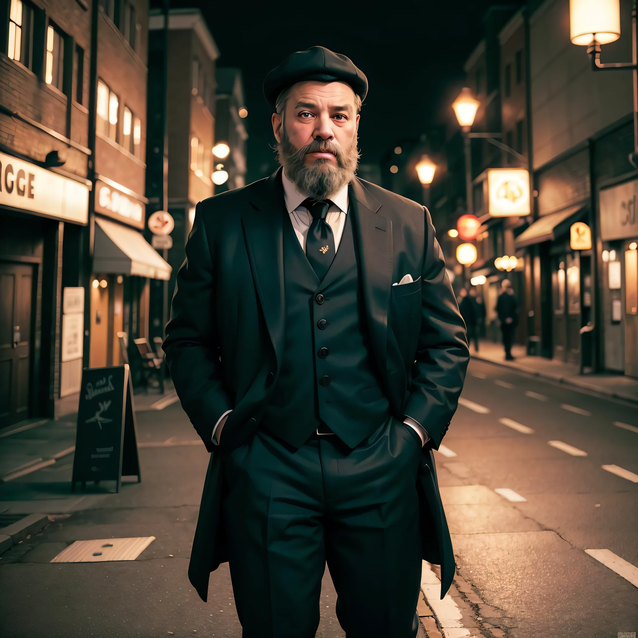 masterpiece, absurdres, high quality, realistic,
1boy, old, beard, European, short hair, standing, looking at viewer, three-piece suit, oxford laced boots, newsboy cap, collar shirt, heavy overcoat,
street alley, street lights, night,
20 megapixel, detailed, movie grain