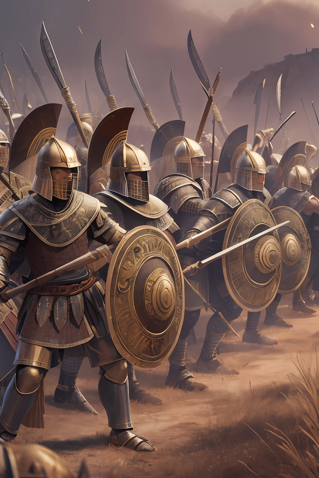 a group of men in armor with shields and spears, leading spartans into battle, by Artur Tarnowski, invading army background, background of invading army, trojan war, by Roman Bezpalkiv, by Adam Marczyński, by Tadeusz Pruszkówski, as atlantean reptilian warriors, age of empires
