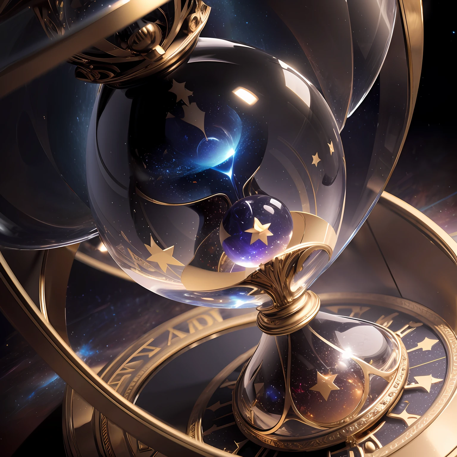 There's a clock with a glass ball on top of it, O Orbe do Tempo, infinite space clock background, Detalhes intrincados da ampulheta, astral clockwork, Deusa do Tempo, arte renderizada, 3d magic details, preso dentro de uma ampulheta, Directed by: Adam Marczyński, quality astral projection rendering, ampulheta, Directed by: Eugeniusz Zak, planetary