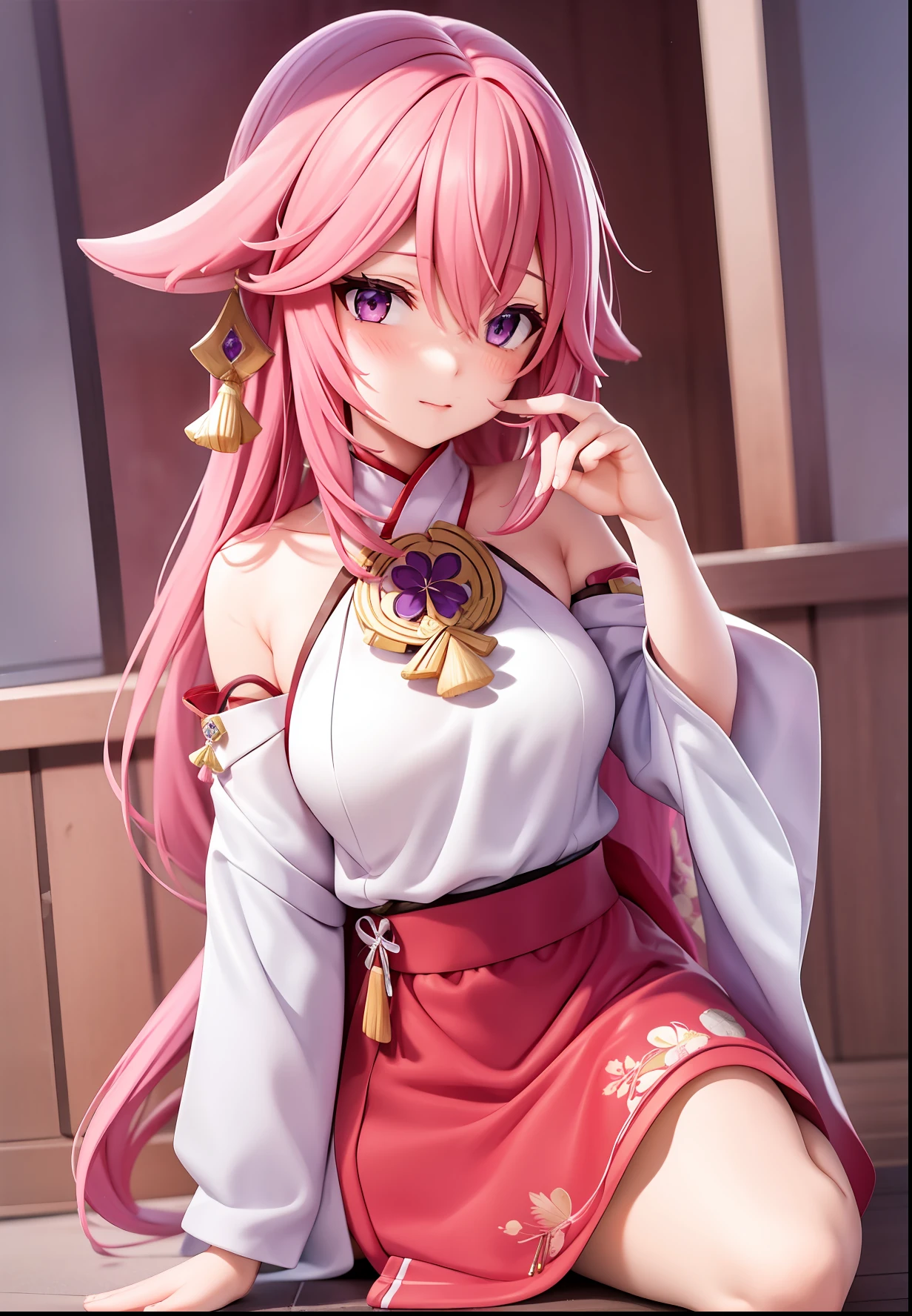 Yaegamiko Akakabe, Pink hair, Purple eyes