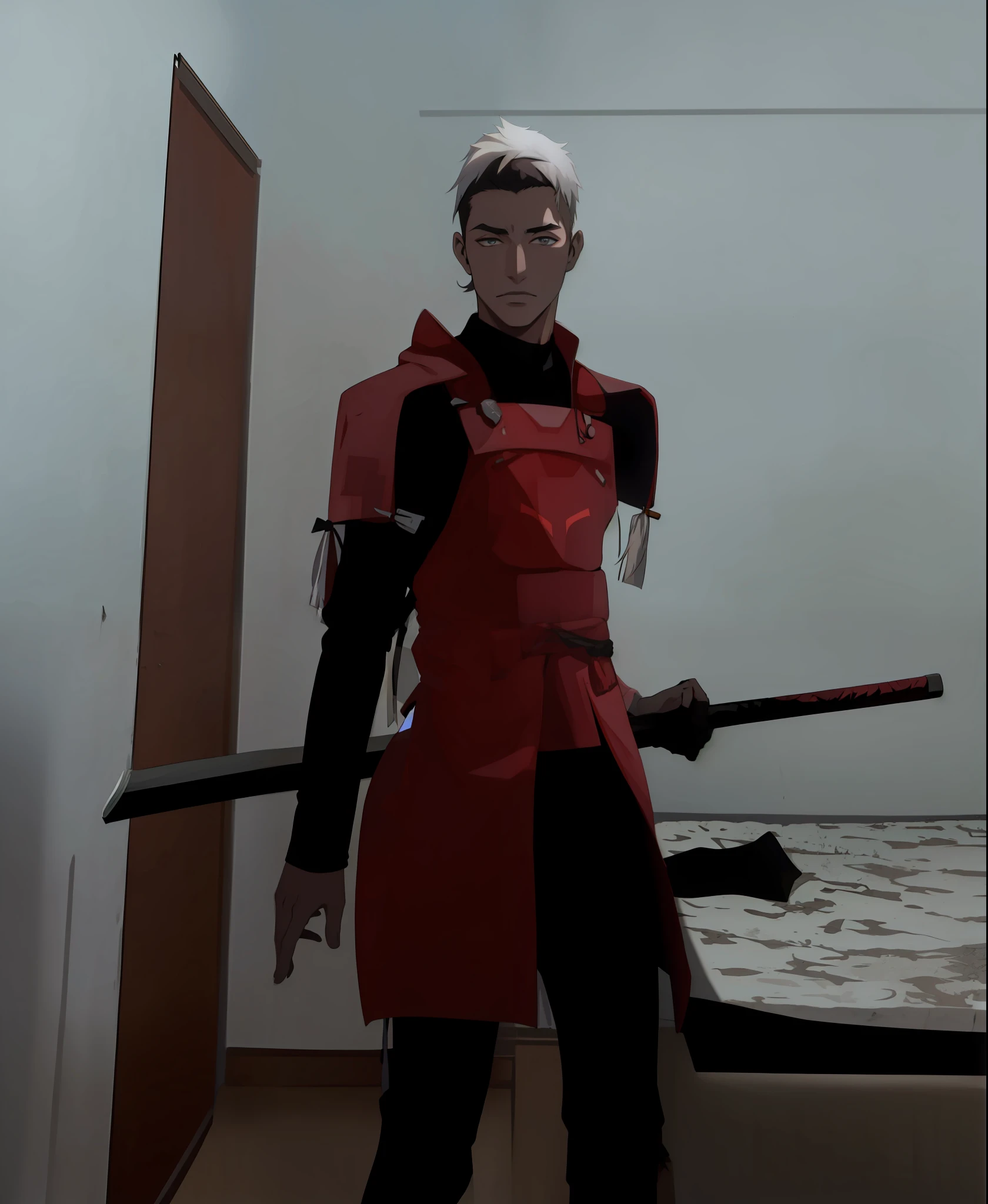 homen , Samurai , cabelo preto com pontas branca,Japanese castle