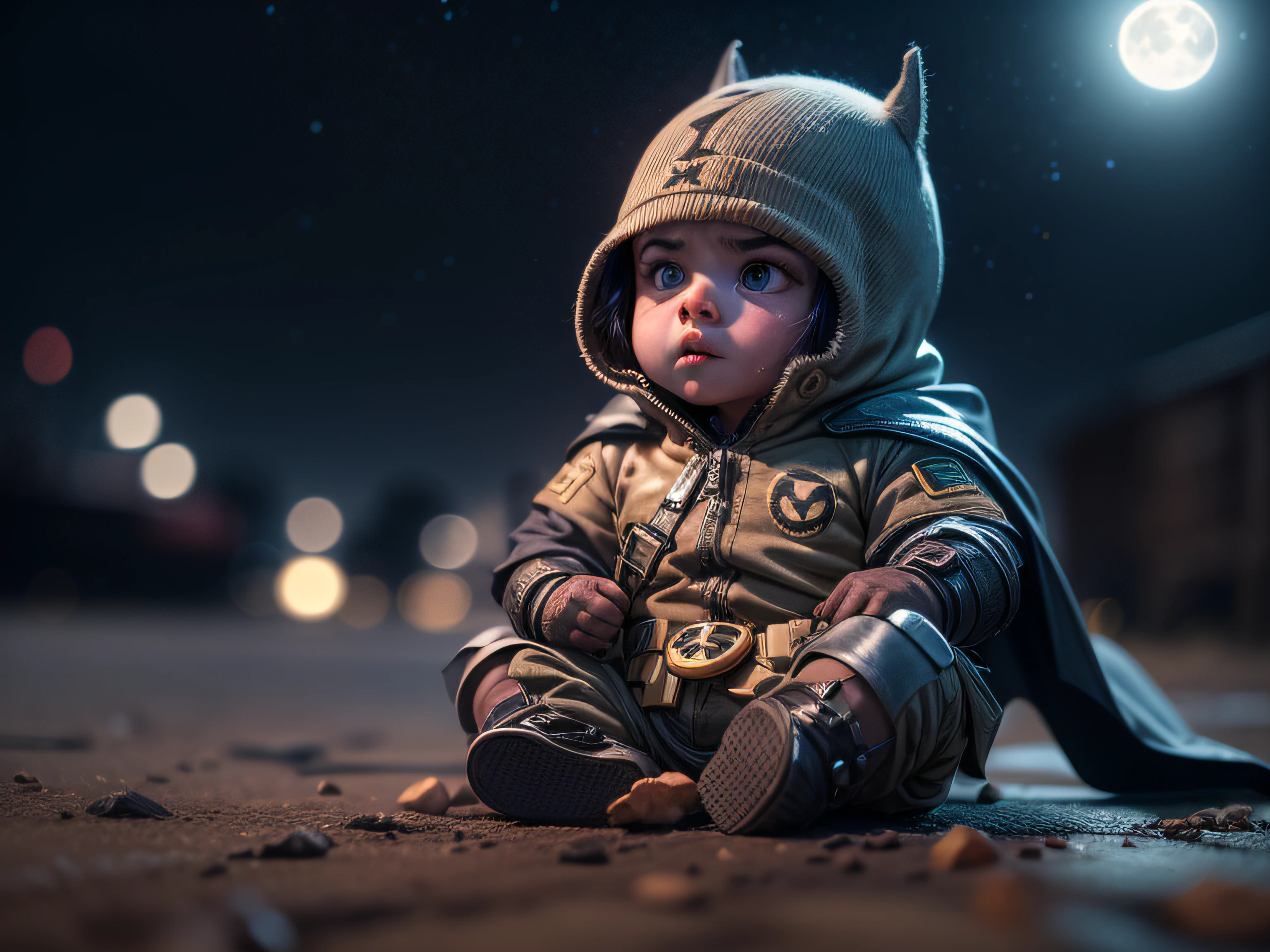 Close a powerful threat, The imposing appearance of the mighty Batman in the form of a dressed in beige uniform, azul-marinho e bronze em uma manjedoura, menacing stare, ricamente detalhado, Hiper realista, 3D-rendering, obra-prima, NVIDIA, RTX, ray-traced, Bokeh, Night sky with a huge and beautiful full moon, estrelas brilhando, 8k,