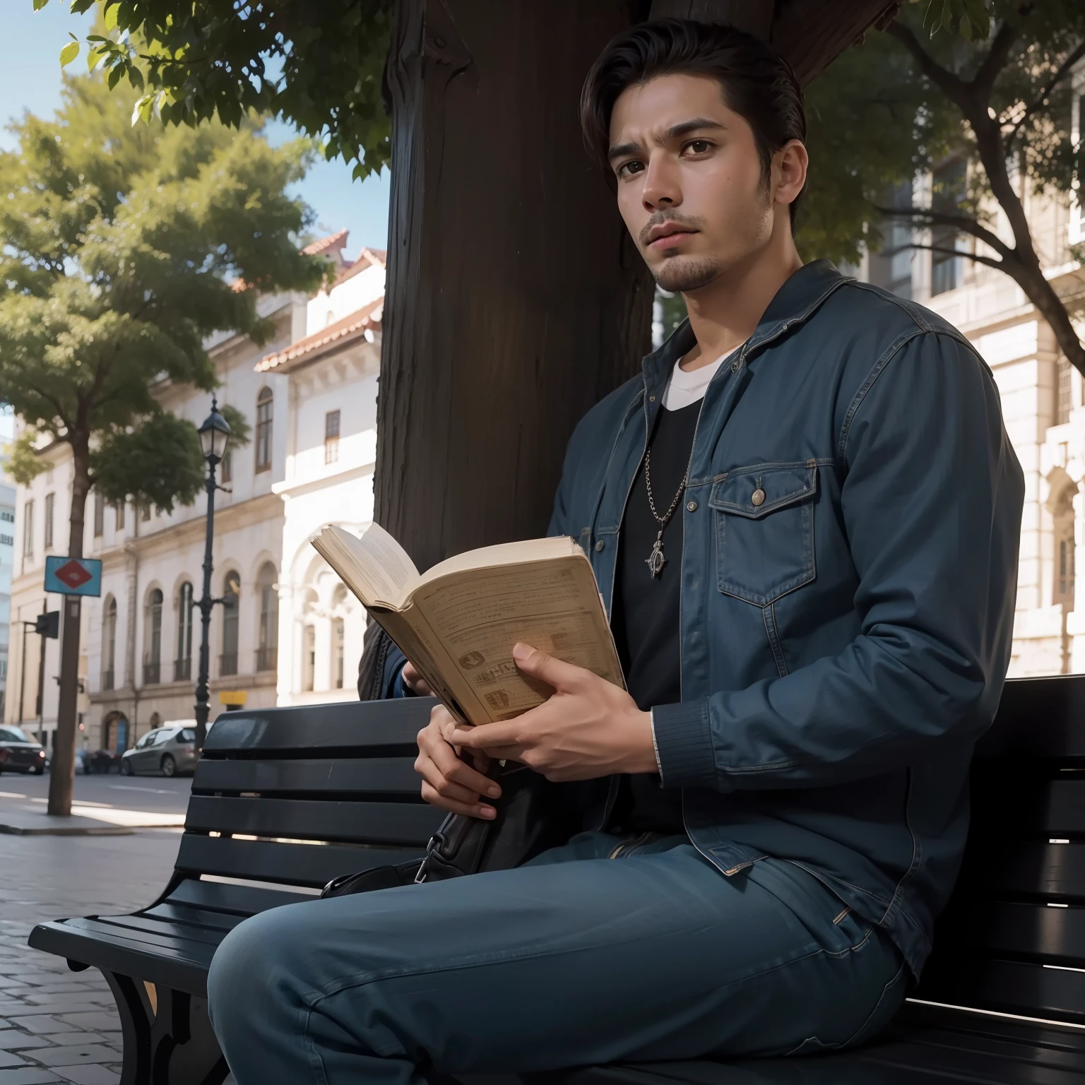 Um homem forte loiro. Clear eyes on the bench of the square with a bible. Aberta em suas maos.