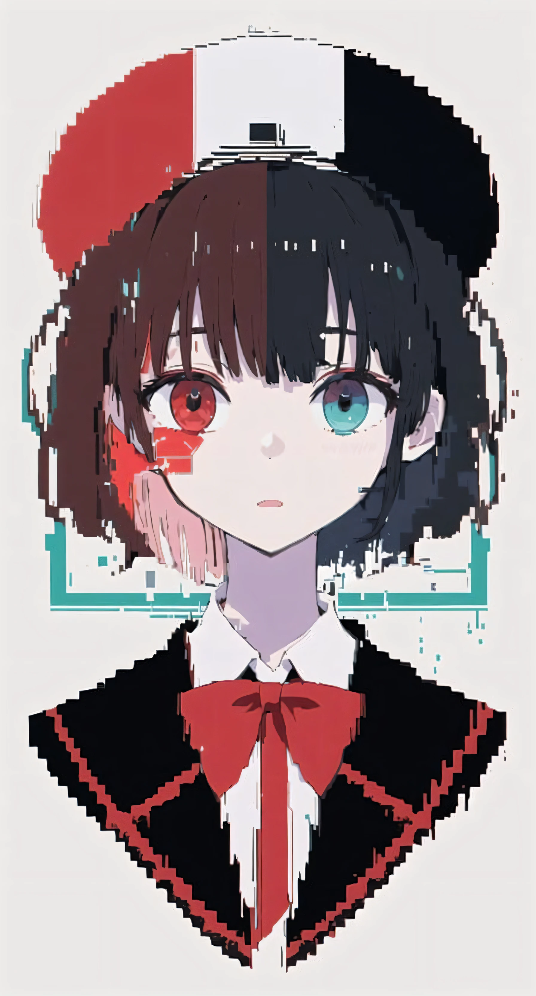 {{cute anime face}}, (best quality), (ultra-detailed) , (best illustration), (extremely delicate and beautiful},{album cover}, album, album description, {error}, {{glitch lump}on face},(glitch art:1.5), {Pixilation on face},Double exposure, {Chromatic Aberration}, Light leaks, Noise and grain, Color degradation, Glitch lettering,design,1 girl, art, abstract art, (flat_chest, short red hair, short wavy hair,floating black jacket, white school uniform, white beret,bowknot over white beret , floating black feathers:0.5), geometry, clear lines, squares, bright, limited palette