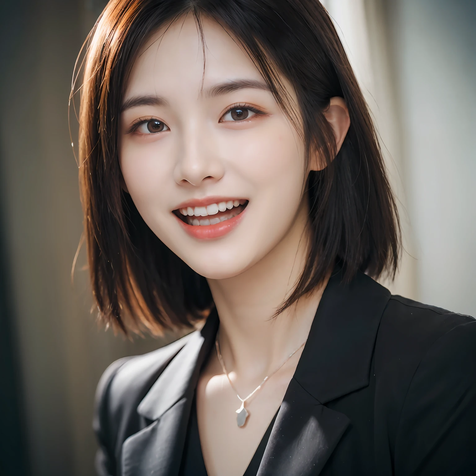 Dressed, (photographrealistic:1.4), (Hyper realistic:1.4), (Realistic:1.3), (Smoother lighting:1.05), (increase cinematic lighting quality:0.9), 32K, 1girl in,25-years old, Realistic lighting, Backlighting, Light on Face, raytrace, (Brightening light:1.2), (Increase quality:1.4), (Top quality real texture skins:1.4), finely detailed eyes, finerly detailed face, (tired and sleepy and joy:0), (Laugh:1.4), Black Suit,a necklace, (Increase body line mood:1.1), (Increase the beauty of skin texture:1.1)
