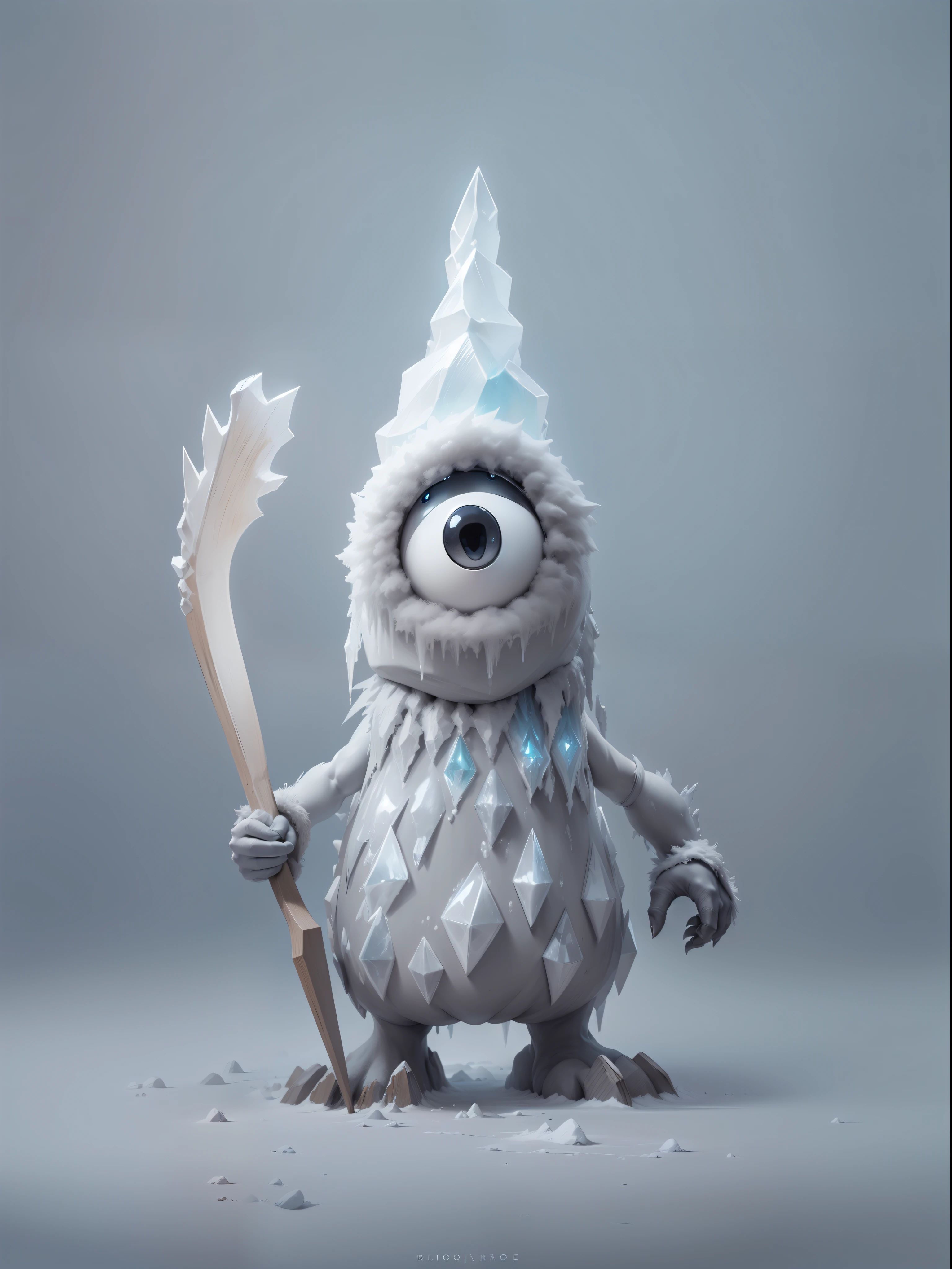Ice Monster, powerfull, Looking like a snowman, Icicle nose, Wooden arms, Character design, hiquality, crisp detailing, ((((Full-length)))), (((MATTE GRAY BACKGROUND)))
