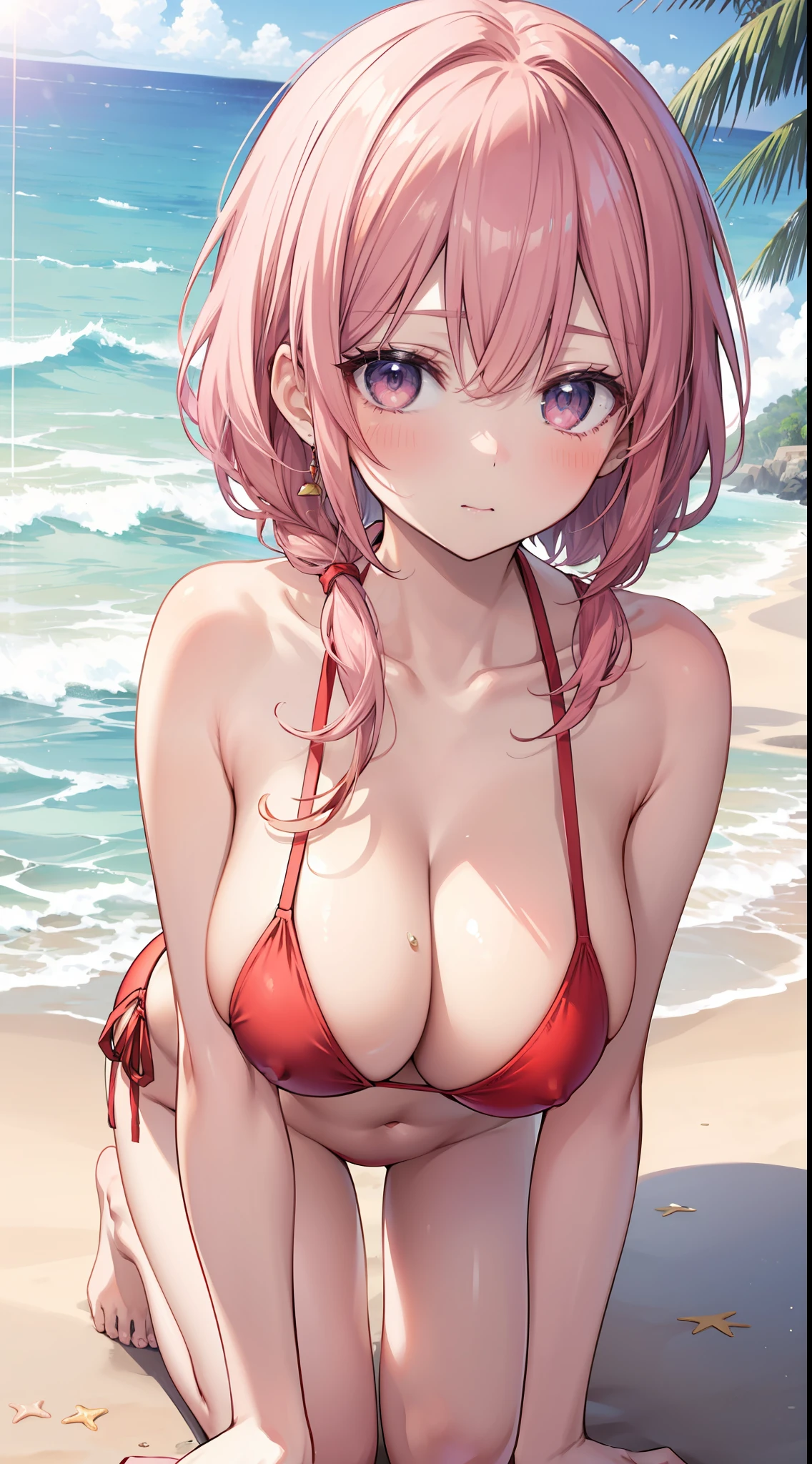 top-quality、masutepiece、1girl in、Red Bikini、large full breasts、Nasty body、all-fours、to close range、red blush、Kamimei、Staring at this、Cute anime illustration、the beach、