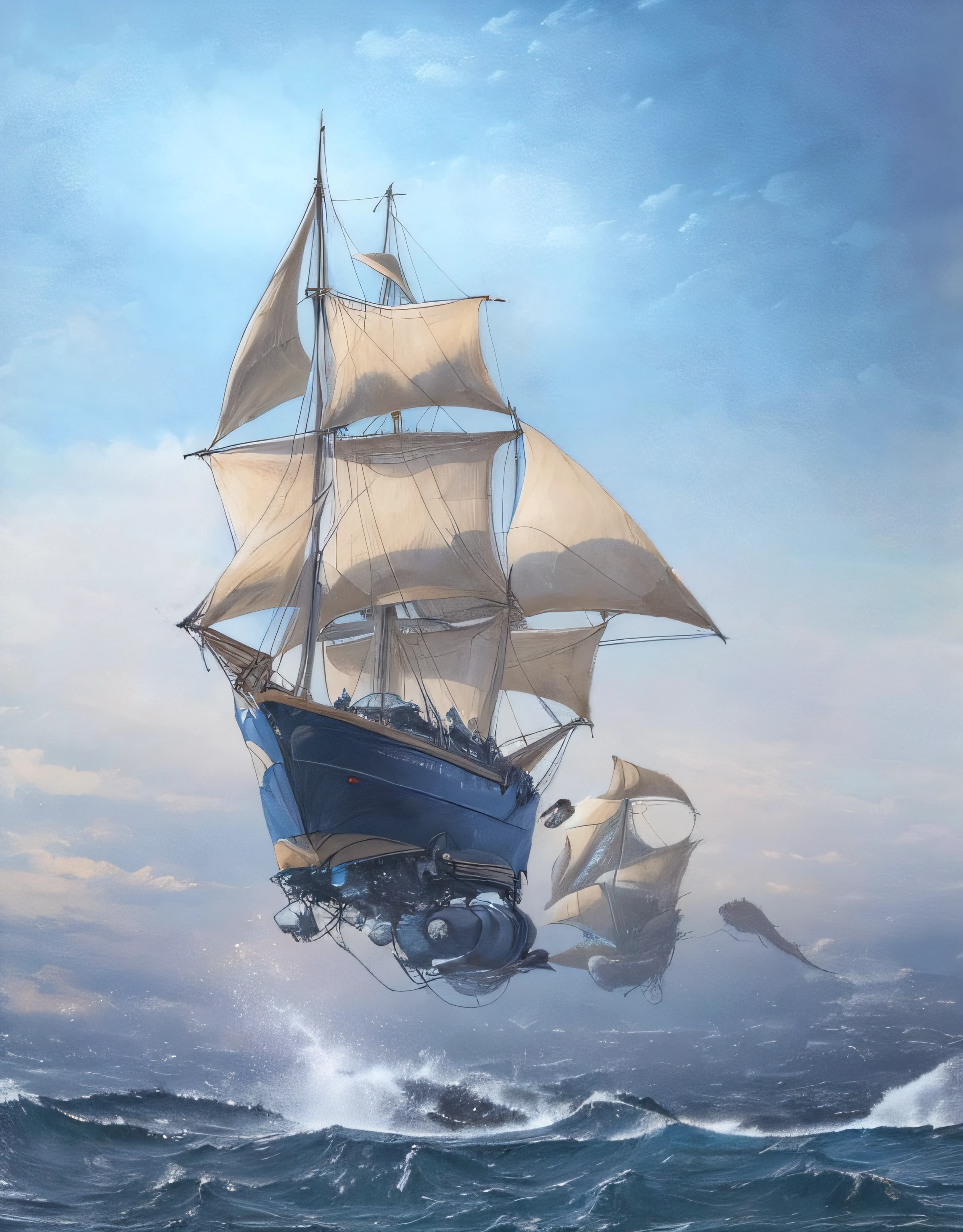 Barco de vela futurista saltando nubes rodeado de gaviotas y tiburones nadando en el mar