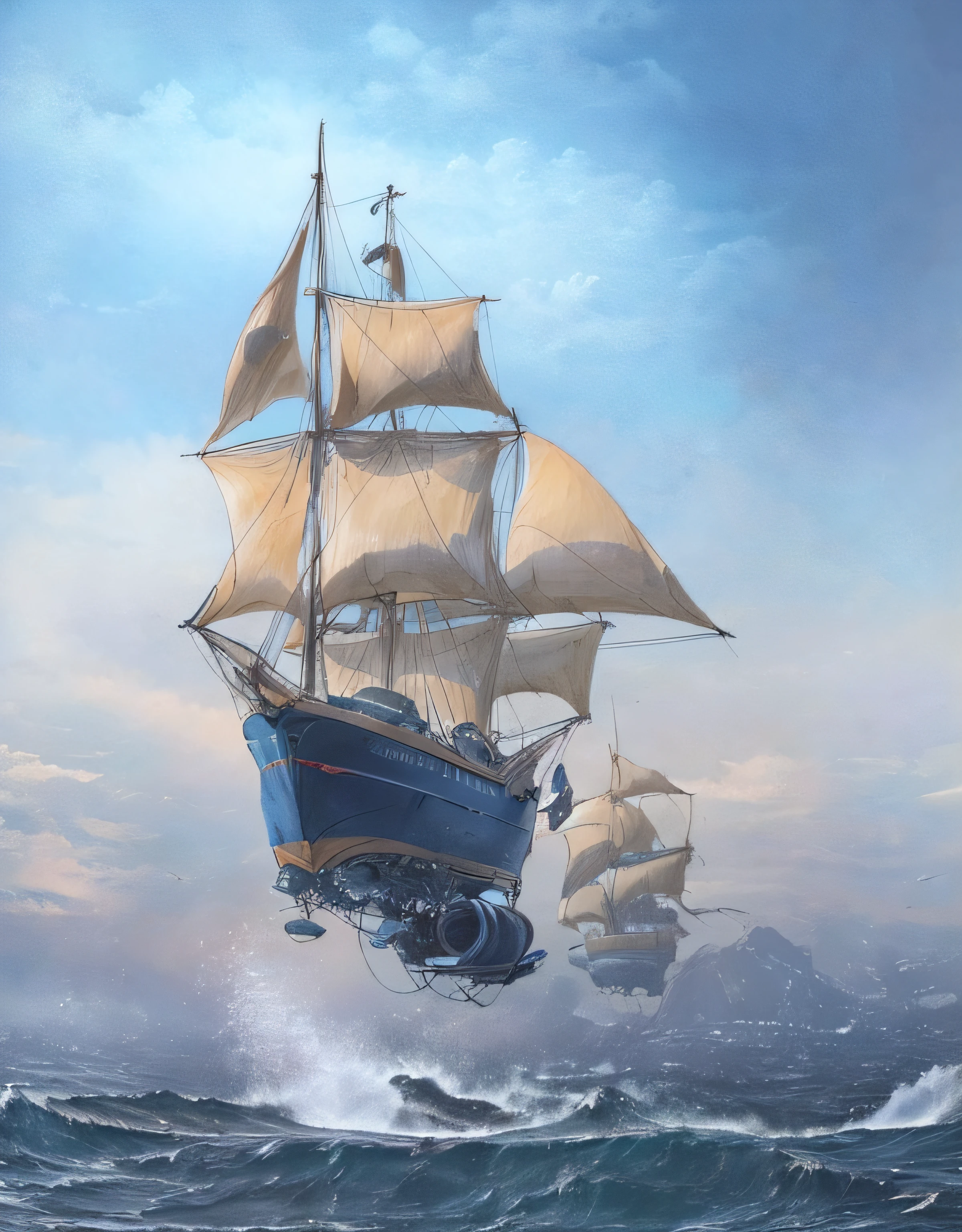 Barco de vela futurista saltando nubes rodeado de gaviotas y tiburones nadando en el mar