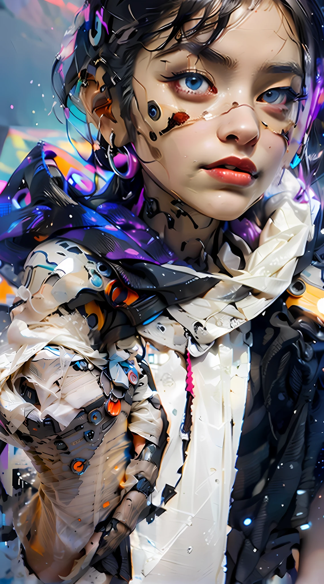 ((Best quality)), ((masterpiece)), (highly detailed:1.3), 3D, beautiful, (cyberpunk:1.6), in space, nebula, (holding_weapon:1.3), laser, (1Female mecha:1.3), sexy body, Glowing eyes, full body, (flying, swooping down, dynamic, motion blur: 1.4), (huge mech wings: 1.6), looking up, glowing_eyes, mecha, panorama, background is earth, nebula, space, particles, Reality, HDR (High Dynamic Range), Ray Tracing, NVIDIA RTX, Super Resolution, Unreal 5, Subsurface Scattering, PBR Textures, Post Processing, Anisotropic Filtering, Depth of Field, Maximum Clarity and Clarity, Multilayer Textures, Albedo and Specular maps, Surface shading, accurate simulation of light-material interaction, perfect proportions, Octane Render, two-tone lighting, large aperture, low ISO, white balance, rule of thirds, 8K RAW, efficient sub-pixel, sub-pixel volume product, (best quality),(Japanese:0.5),(korean:0.8), (Liu Yi Fei:1.5) long hair, (big breast:1.2),(underboob:1.5), (white transparent lace mini skirt:1.5), black mask, cyber armor