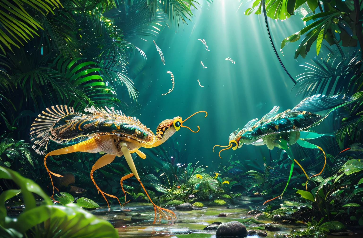four-legged creature, predator creature with long tail, slim like Cheetah with green feathers and beak. predator creature like gepard with feathers ((four legs)) slender, long body with feathers, green gepard body with feathers, long legs creature with transparent and lighting body, walking on all six legs, (((cuttlefish head))), ((four eyes)),jellyfish transparent body, 4 leghs, in the jungle, jungle, rain forest, high image quality, realistic look, high-resolution photography, 8K, full-frame matrix, deep shadows, ((one character)), (intricate details, subsurface scattering, hyperdetailed:1.15), (hyperrealism, volumetric lighting, sharp:1.5) Fujifilm XT3