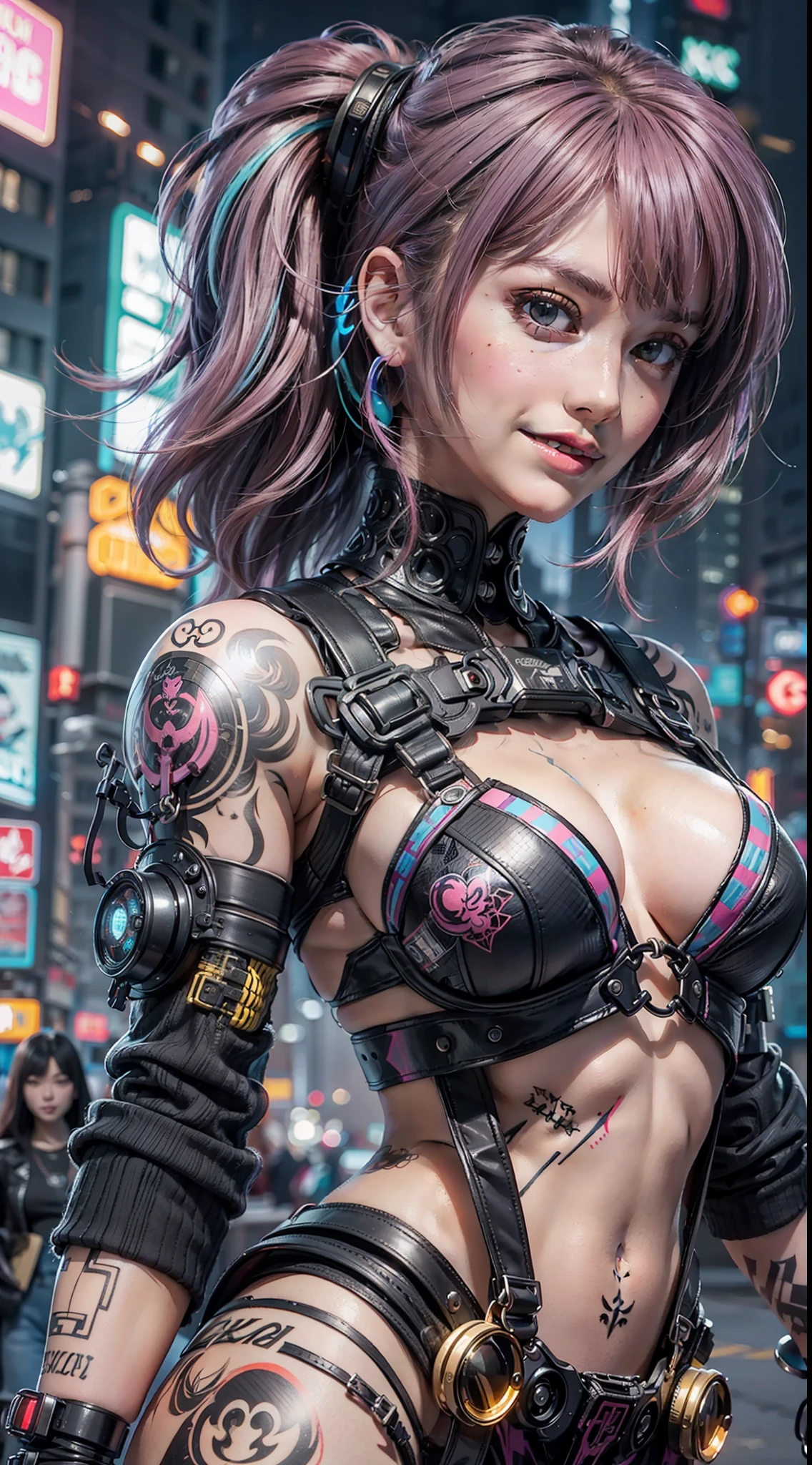 masterpiece, best quality, 2 ((smiling)) cyberpunk girls standing together, Harajuku-inspired cyberpunk body harness, body tattoo, bold colors and patterns, eye-catching accessories, trendy and innovative hairstyle, dazzling Cyberpunk cityscape, skyscrapers, neon signs, LED lights, bright and vivid color scheme, anime, illustration, detailed skin texture, detailed cloth texture, beautiful detailed face, intricate details, ultra detailed, cinematic lighting, dark shadows.