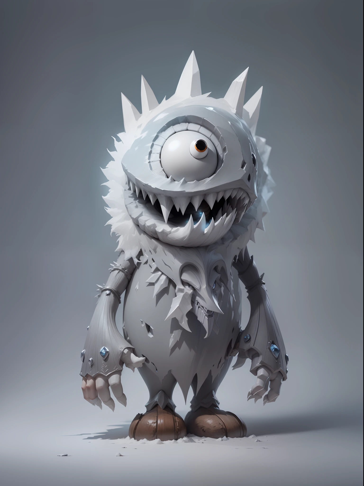 Ice Monster, powerfull, Looking like a snowman, Icicle nose, Wooden arms, Character design, hiquality, crisp detailing, ((((Full-length)))), (((MATTE GRAY BACKGROUND)))