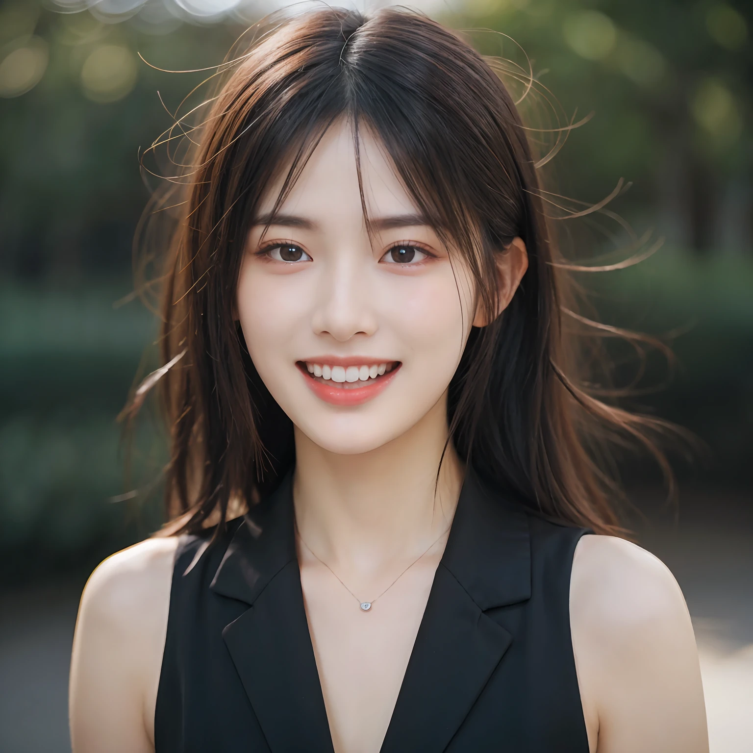 Dressed, (photographrealistic:1.4), (Hyper realistic:1.4), (Realistic:1.3), (Smoother lighting:1.05), (increase cinematic lighting quality:0.9), 32K, 1girl in,25-years old, Realistic lighting, Backlighting, Light on Face, raytrace, (Brightening light:1.2), (Increase quality:1.4), (Top quality real texture skins:1.4), finely detailed eyes, finerly detailed face, (tired and sleepy and joy:0), (Laugh:1.4), Black Suit,a necklace, (Increase body line mood:1.1), (Increase the beauty of skin texture:1.1)