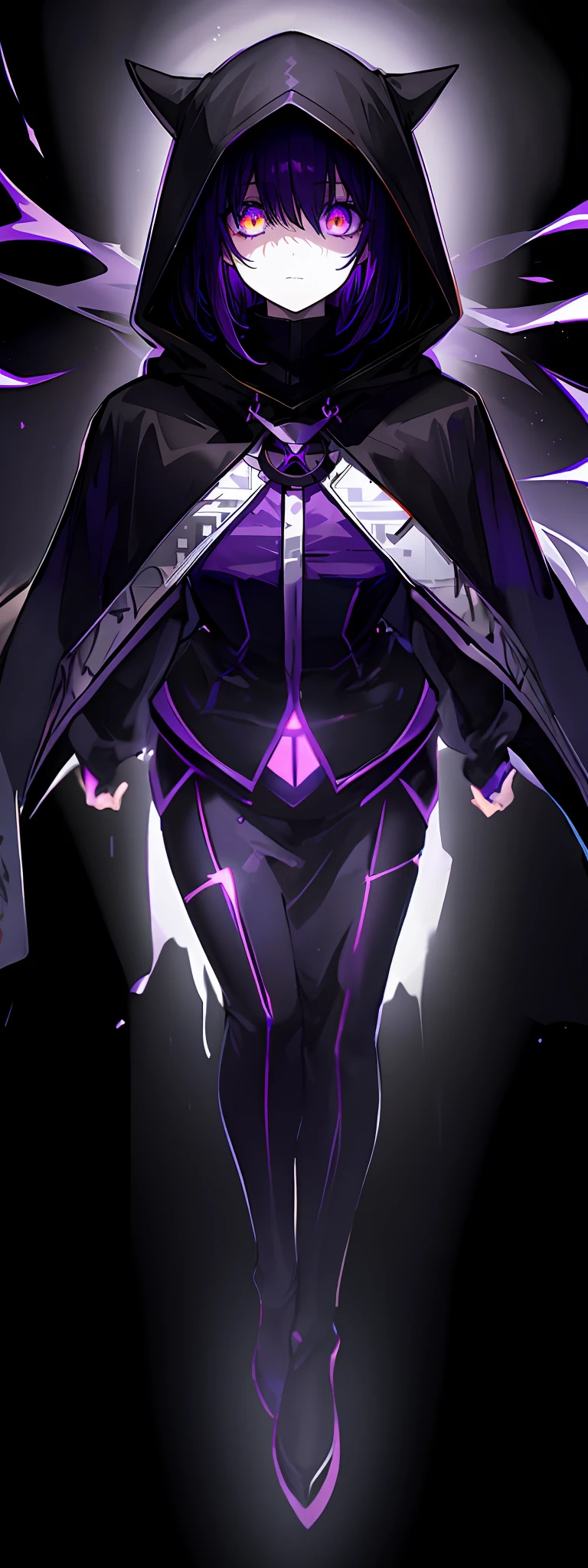 anime character with hood and cape with glowing white eyes, cloaked, dark cape, with glowing eyes, dark robed, black robes with purple outline, purple hair underneath hood, obscured face, full body