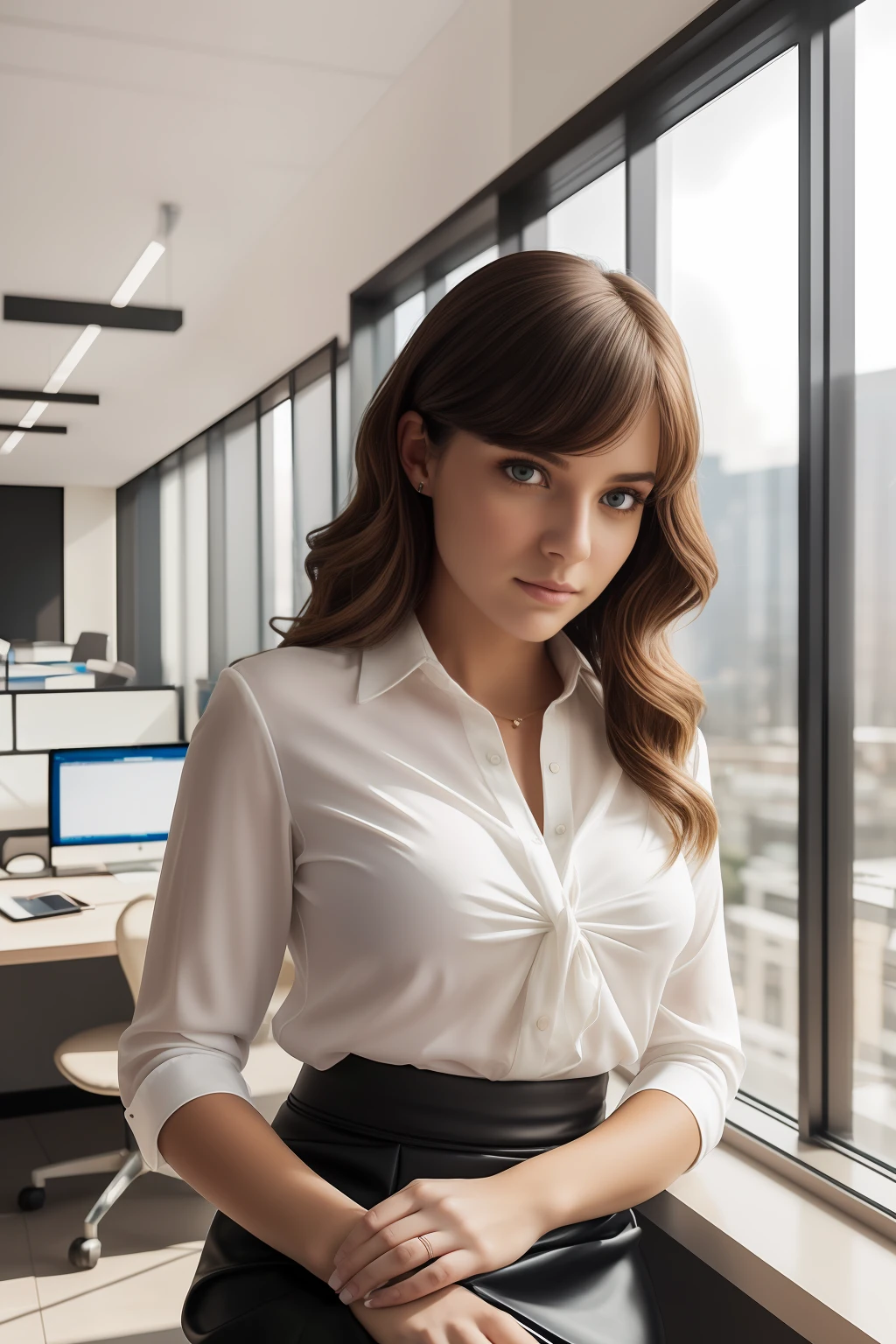 Natural photography of a beautiful girl, wearing a white blouse, black skirt, curled hair, big bust, sitting in a office, locks eyes into the camera, symmetrical eyes, symmetrical face, photorealistic, photography, path tracing, specular lighting, volumetric face light, path traced hair, visible shadows, intricate, elaborate