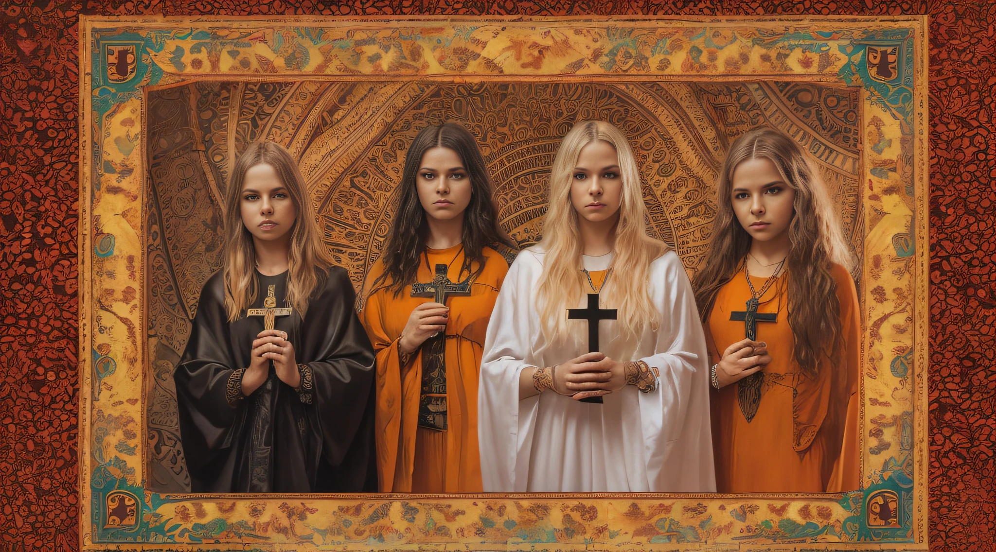 Um meio corpo, Portrait of 3 girls CHILDREN German long blonde hair TRAIDS 12 years, jaquetas couro vermelhas, holding in his hands a cross, um closeup de uma cruz com um raio saindo dela, Power metal album cover, arte oficial, album art, arte do cartaz oficial, Naga-Tirr, metal album cover, Arte Promocional, album, arte chave, Arte Oficial HDR, Directed by: Ignacio Zuloaga, arca album cover, album cape, arte detalhada da capa, em um fundo escuro