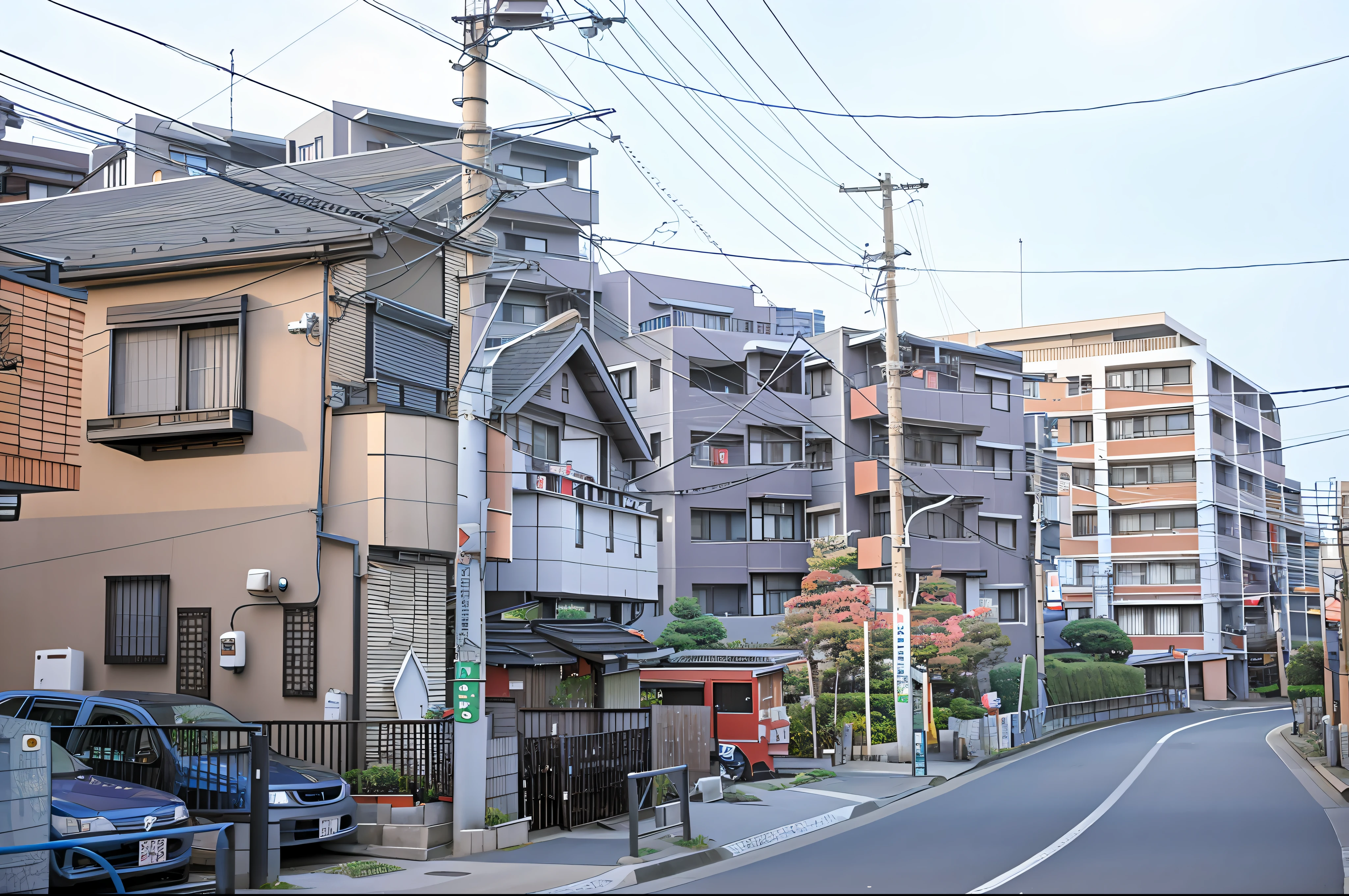 There is a street with cars parked on the side, Residential area, japanese neighborhood, Tokyo - esque town, japanese street, in a japanese apartment, the neat and dense buildings, in Tokyo under, japanese downtown, japanese town, stacked houses, some houses in the background, european japanese buildings, japanese city, photograph of the city street, yoshiku