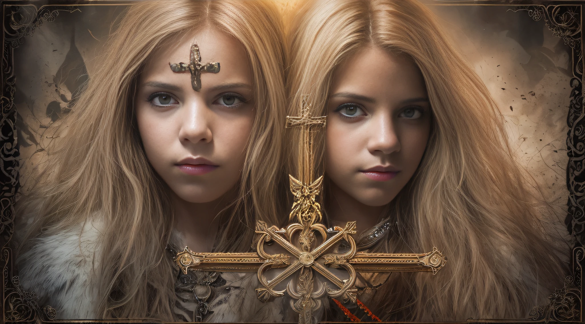Um meio corpo, Portrait of 3 girls CHILDREN German long blonde hair TRAIDS , jaquetas couro vermelhas, holding in his hands a cross, um closeup de uma cruz com um raio saindo dela, Power metal album cover, arte oficial, album art, arte do cartaz oficial, Naga-Tirr, metal album cover, Arte Promocional, album, arte chave, Arte Oficial HDR, Directed by: Ignacio Zuloaga, arca album cover, album cape, arte detalhada da capa, em um fundo escuro
