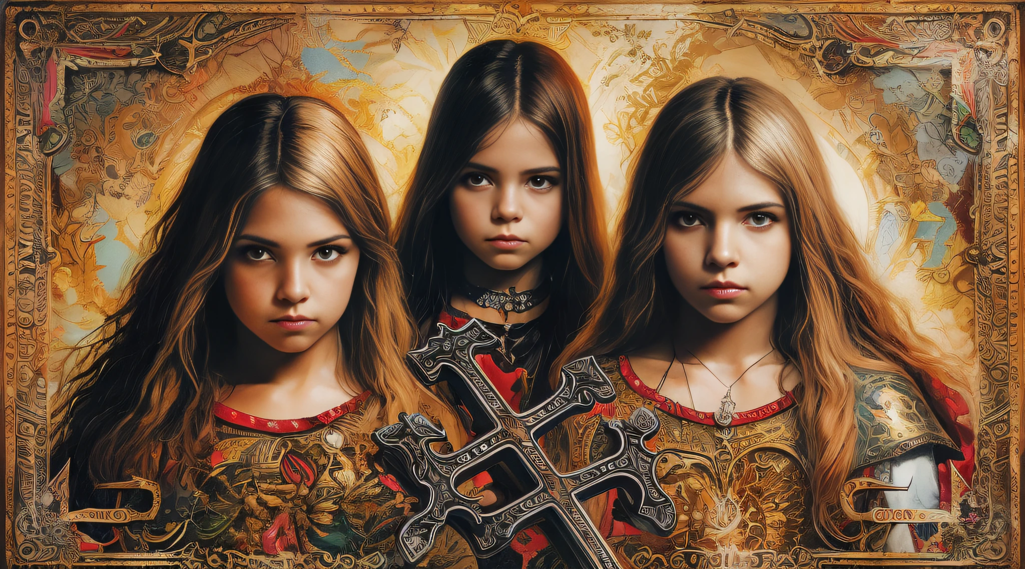 Um meio corpo, Portrait of 3 girls CHILDREN German long blonde hair TRAIDS 12 years, jaquetas couro vermelhas, holding in his hands a cross, um closeup de uma cruz com um raio saindo dela, Power metal album cover, arte oficial, album art, arte do cartaz oficial, Naga-Tirr, metal album cover, Arte Promocional, album, arte chave, Arte Oficial HDR, Directed by: Ignacio Zuloaga, arca album cover, album cape, arte detalhada da capa, em um fundo escuro