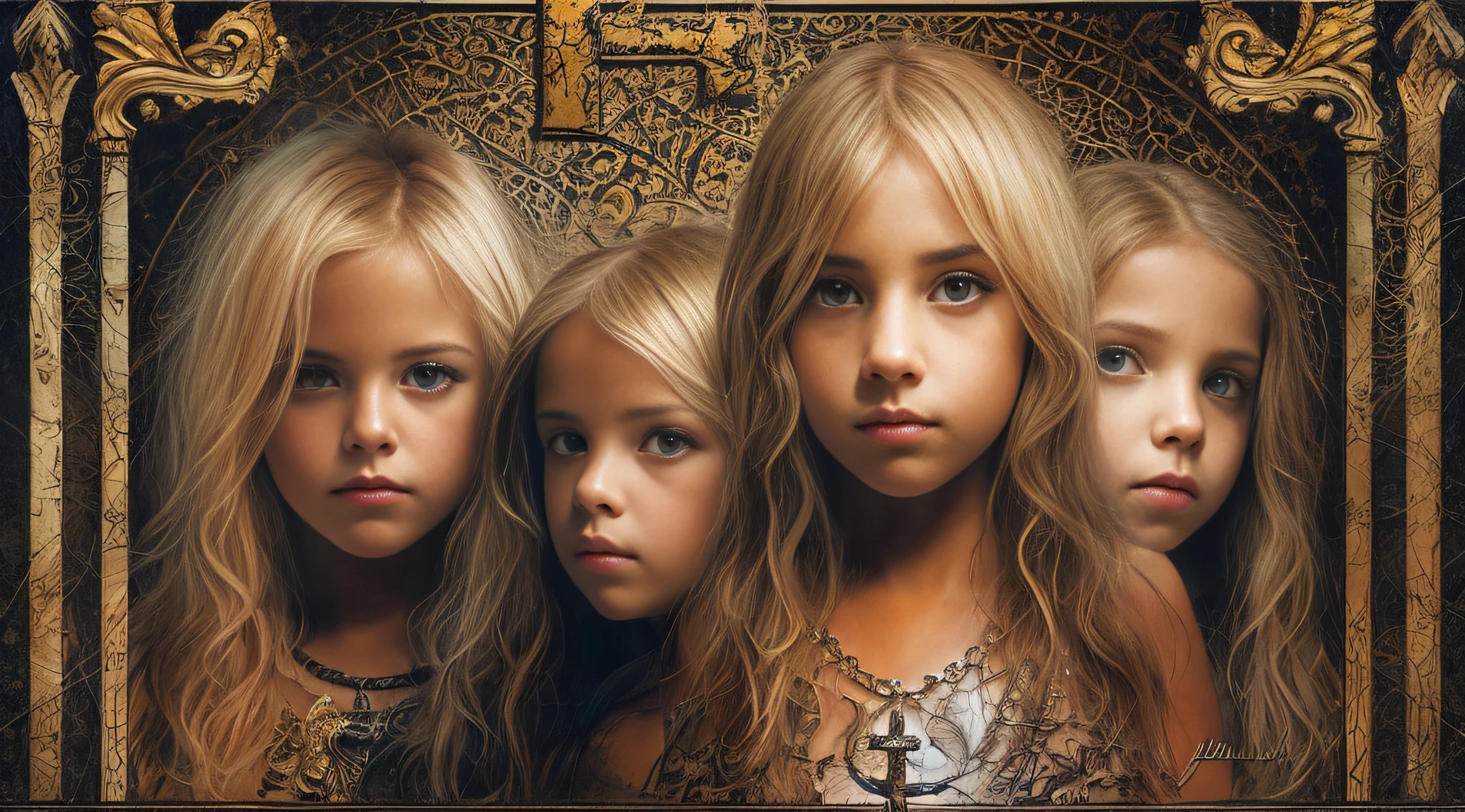 Um meio corpo, Portrait of 3 girls CHILDREN German long blonde hair TRAIDS 12 years, jaquetas couro vermelhas, holding in his hands a cross, um closeup de uma cruz com um raio saindo dela, Power metal album cover, arte oficial, album art, arte do cartaz oficial, Naga-Tirr, metal album cover, Arte Promocional, album, arte chave, Arte Oficial HDR, Directed by: Ignacio Zuloaga, arca album cover, album cape, arte detalhada da capa, em um fundo escuro
