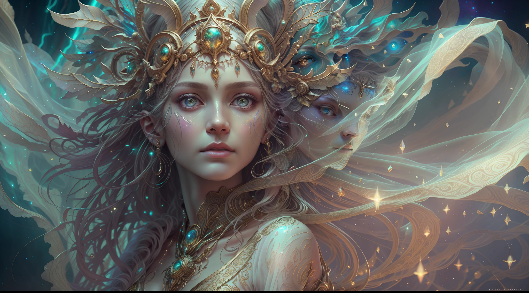 Eldritch, Harsh ancient gods in the night storm, Cloaked in a starry sky, [[Sophia Anne Caruso]], [zendaya], Translucent ivory prosthetic Eldridge horror, Erotic pose, Cinematic lighting, (By (Daniel Mernagh) (Carne Griffiths) Monika Nowak), Highly detailed, Detailed face, Soft body, Alien, Close-up of a goddess with a crown on her head, goddes, Full body like，a stunning portrait of a goddess, Fantasy art Behance, goddes, Extremely high detail, Trending ArtStation, Deviantart ArtStation CGSCOSIETY, extremely detailed goddess shot, trending on artstation 4k, 3 d goddess portrait, hindu aesthetic, Art Station Trend Eldridge, Harsh ancient gods in the night storm, Cloaked in a starry sky, [[Sophia Anne Caruso]], [zendaya], Translucent ivory prosthetic Eldridge horror, Erotic pose, Cinematic lighting, (By (Daniel Mernagh) (Carne Griffiths) Monika Nowak), Highly detailed, Detailed face, Soft body, Alien, Close-up of a goddess with a crown on her head, goddes, Full body like，a stunning portrait of a goddess, Fantasy art Behance, goddes, Extremely high detail, Trending ArtStation, Deviantart ArtStation CGSCOSIETY, extremely detailed goddess shot, trending on artstation 4k, 3 d goddess portrait, hindu aesthetic, Trend at Artstation