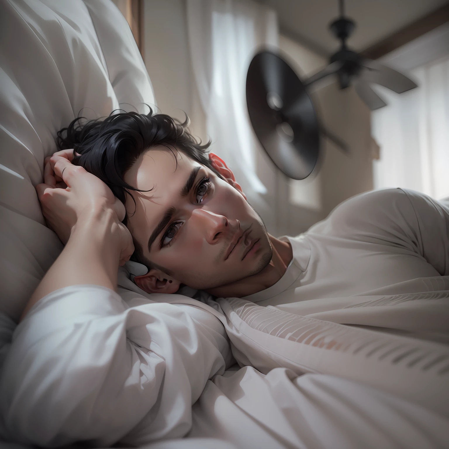 Ultra realistic image of a 25 year old man, short black hair, dressed in a plain white blouse, lying in bed looking at the ceiling fan spinning, sad and depressive expression