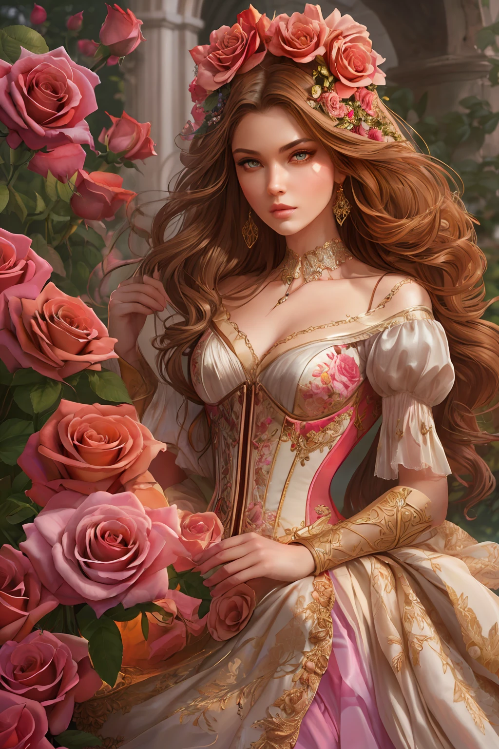 This is realistic fantasy artwork set in the castle's enchanted rose garden. Generate a proud woman with a highly detailed face dressed in the billowing folds of a stunning French silk ballgown. The woman's sweet face is ((((highly detailed, with realistic features and soft, puffy lips.))))  The ballgown is embellished with ruffles, sashes, and bows and a delicately, but intricately, hand-embroidered bodice. The corset features silk ribbon. The woman's stunning eyes are beautifully detailed, featuring realistic shading and multiple colors and high resolution. The woman is in a garden of eternal roses, each one beautifully formed and highly detailed. These realistic roses feature shimmering shades of pink, yellow, orange, and glimmering red. The eternal rose is a deep shade of red with shimmering pink overtones and undertones. Ensure that the woman's face, hair, and eyes are perfect. realism, high fantasy, whimsical fantasy, storybook fantasy, fairytale fantasy, fantasy details, enchanting, bewitching, 8k, hires, cgi, digital painting, unity, unreal engine, (((masterpiece))), intricate, elegant, highly detailed, majestic, digital photography, art by artgerm and ruan jia and greg rutkowski, (masterpiece, finely detailed beautiful eyes: 1.2), hdr, realistic skin texture, (((1woman))), (((solo))), Include a highly detailed face, extremely detailed face, and interesting background.