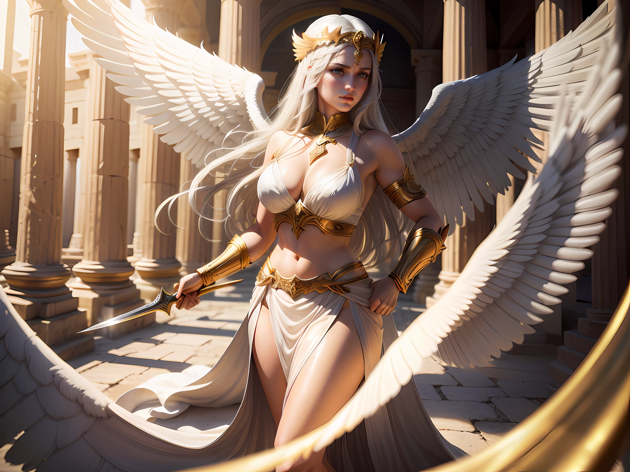 Greek goddess Nemesis in the center of the image, as a winged 40-years-old woman with large white wings. Serious face expression.  Long hair in golden and silver tones.  She wears a light white robe.  A golden belt adorns her waist.  In one hand she holds a sword.  Behind her, two majestic wings unfurl.  Background of a greek temple. Sun light.