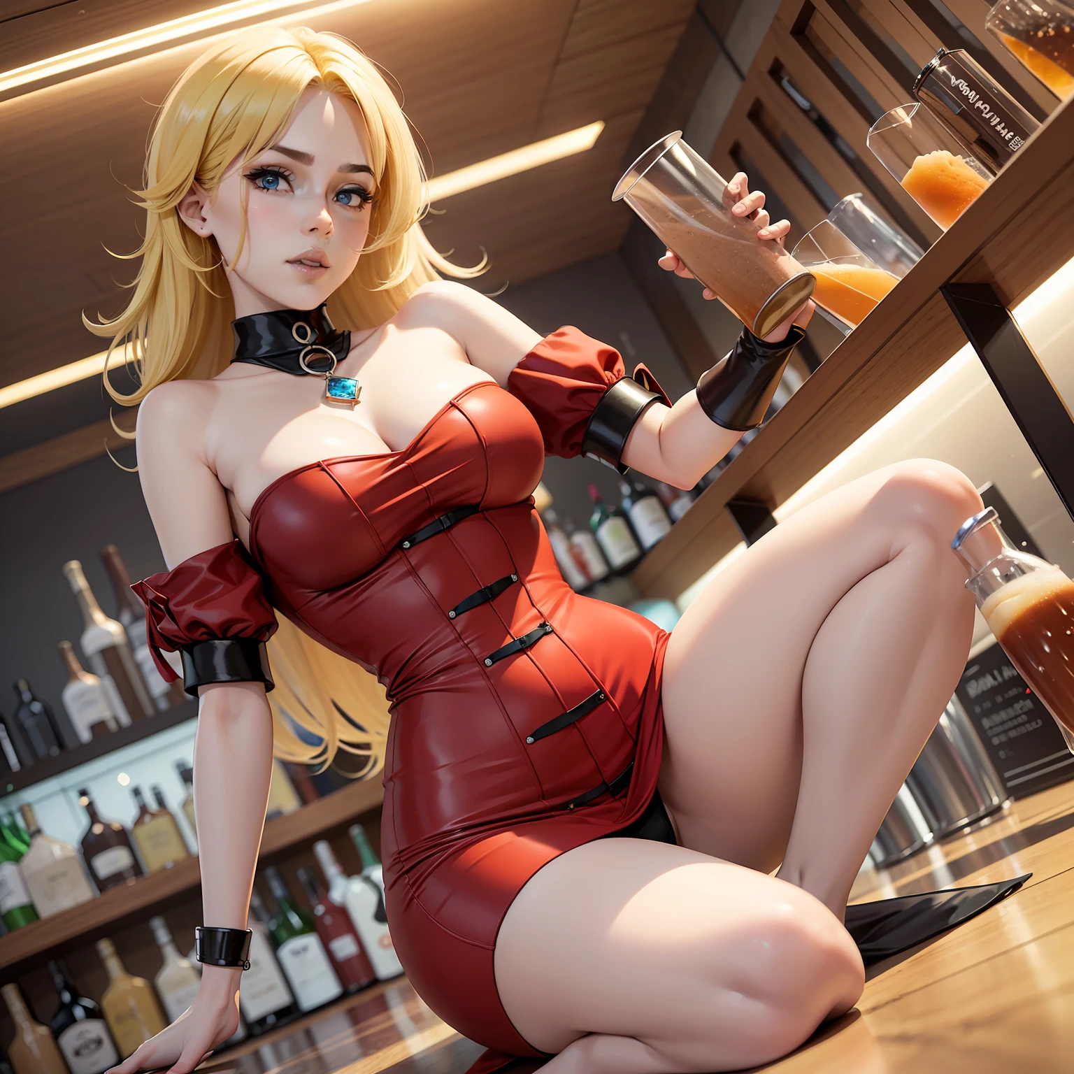 Hermosa chica francesa rubia tostada de ojos azules,   femenina, sentada en un bar lleno de gente,               mostrando sus hermosas piernas, She is dressed in a tight red short dress, y lleva tacones      abiertos,  imagen en 3D, 23K resolution,                gran angular.  Estilo: Photographic 50mm lens, apertura  F 2.5. Sugerencias: No debe salir: Borroso, feo,           malas proporciones, mala anatomia, mal arte,             mal dibujado, cara mal dibujada, mutado, mutilado,     morbid, extremidades perdidas, extremidades extras, extremidades fusionadas, extremidades flotantes, fuera de foco, low res, Cartoon, plastico