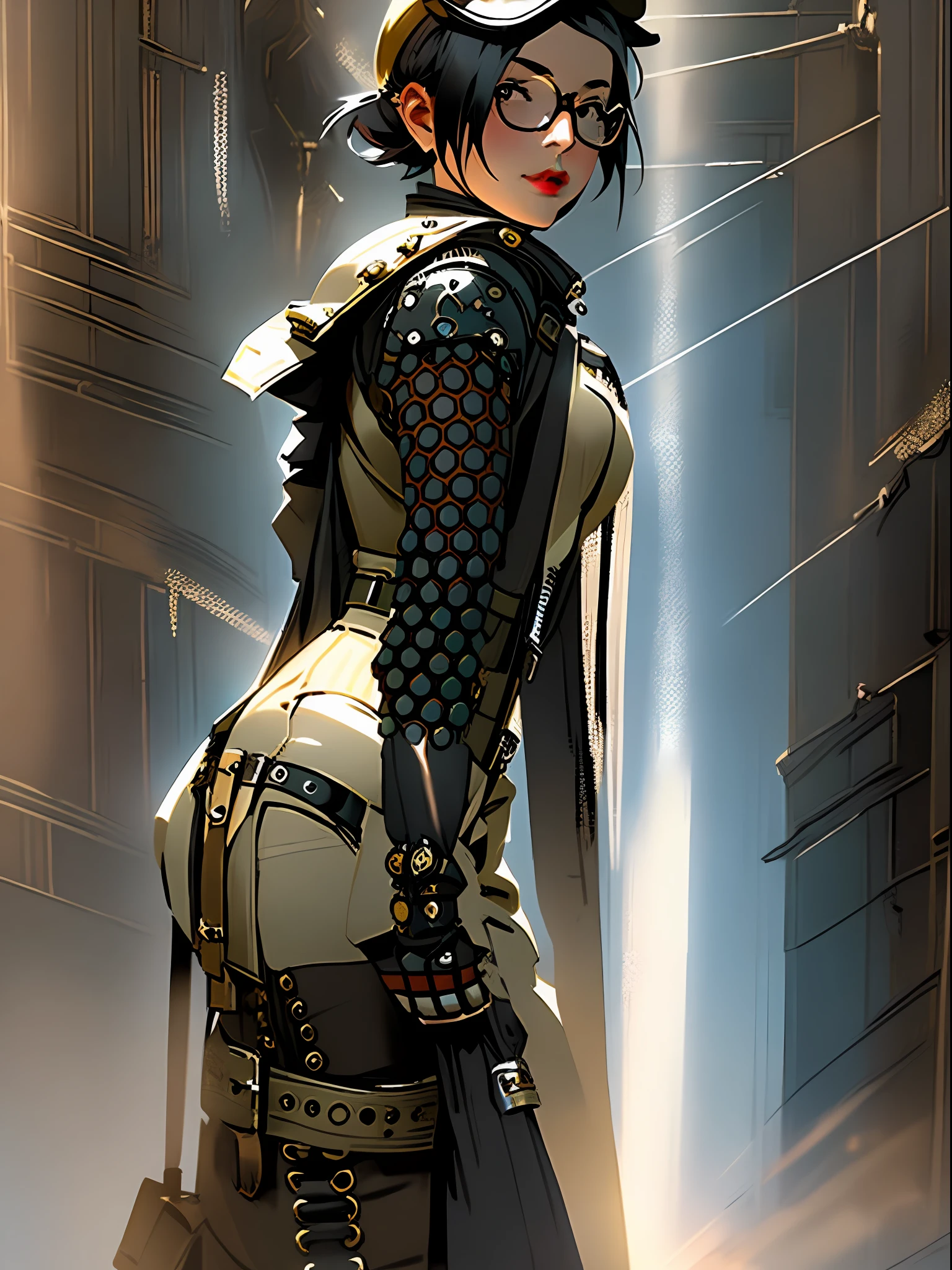 ((melhor qualidade)), ((obra prima)), ((absurdres)), Woman with glasses and a dieselpunk outfit, Nijistyle, dieselpunk soldado , in a post-apocalyptic setting, guerreira com roupas curtas, post apocalyptic attire, Poderosa princesa do deserto, meninapunk, em estilo mad max, estilo de fantasia steampunk, uma deusa Steampunk bonita, fantasia Steampunk, dieselpunk setting, Short-haired girl in a beautifully lit scene during a sunny morning, Nijistyle