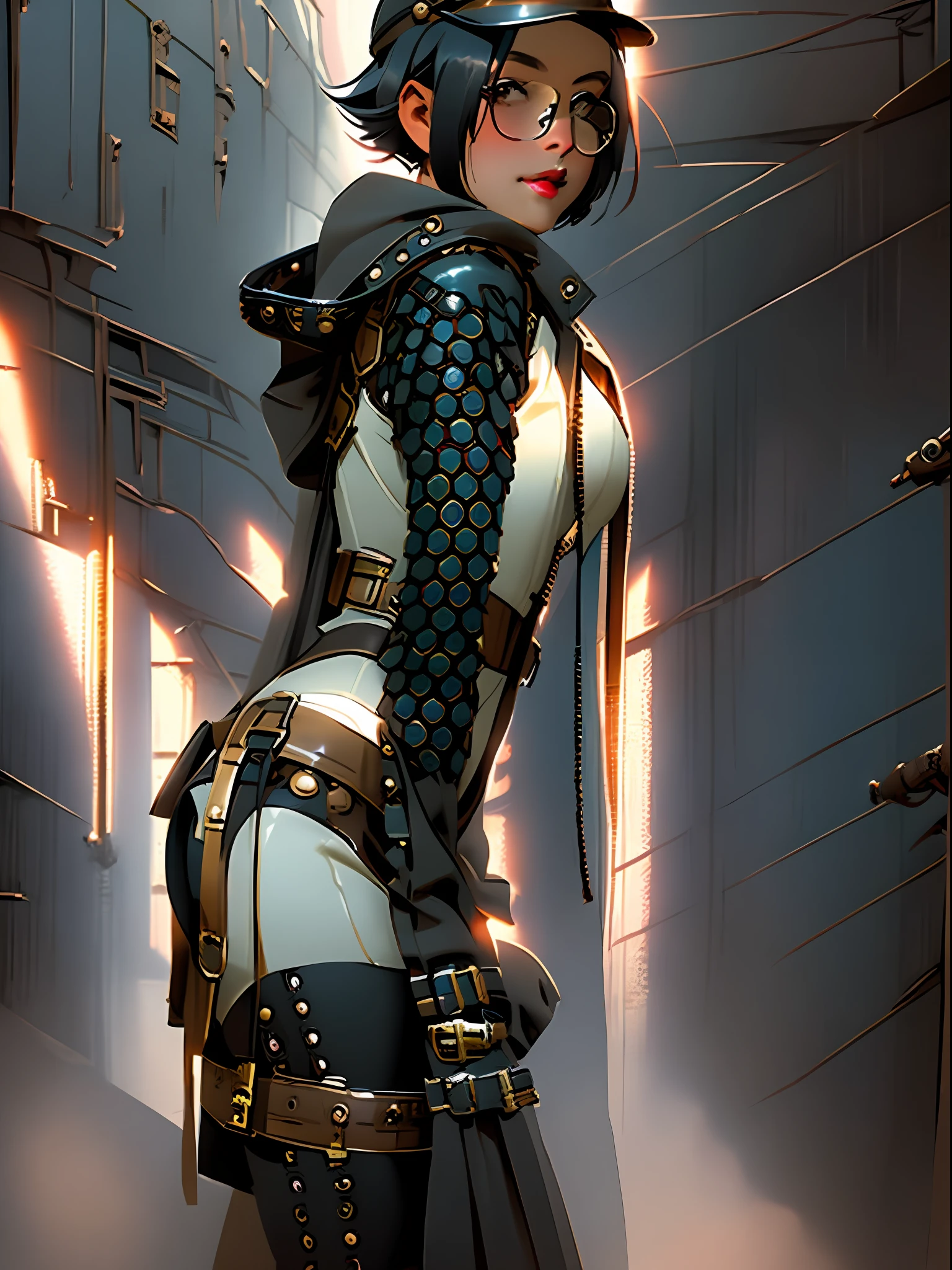 ((melhor qualidade)), ((obra prima)), ((absurdres)), Woman with glasses and a dieselpunk outfit, Nijistyle, dieselpunk soldado , in a post-apocalyptic setting, guerreira com roupas curtas, post apocalyptic attire, Poderosa princesa do deserto, meninapunk, em estilo mad max, estilo de fantasia steampunk, uma deusa Steampunk bonita, fantasia Steampunk, dieselpunk setting, Short-haired girl in a beautifully lit scene during a sunny morning, Nijistyle