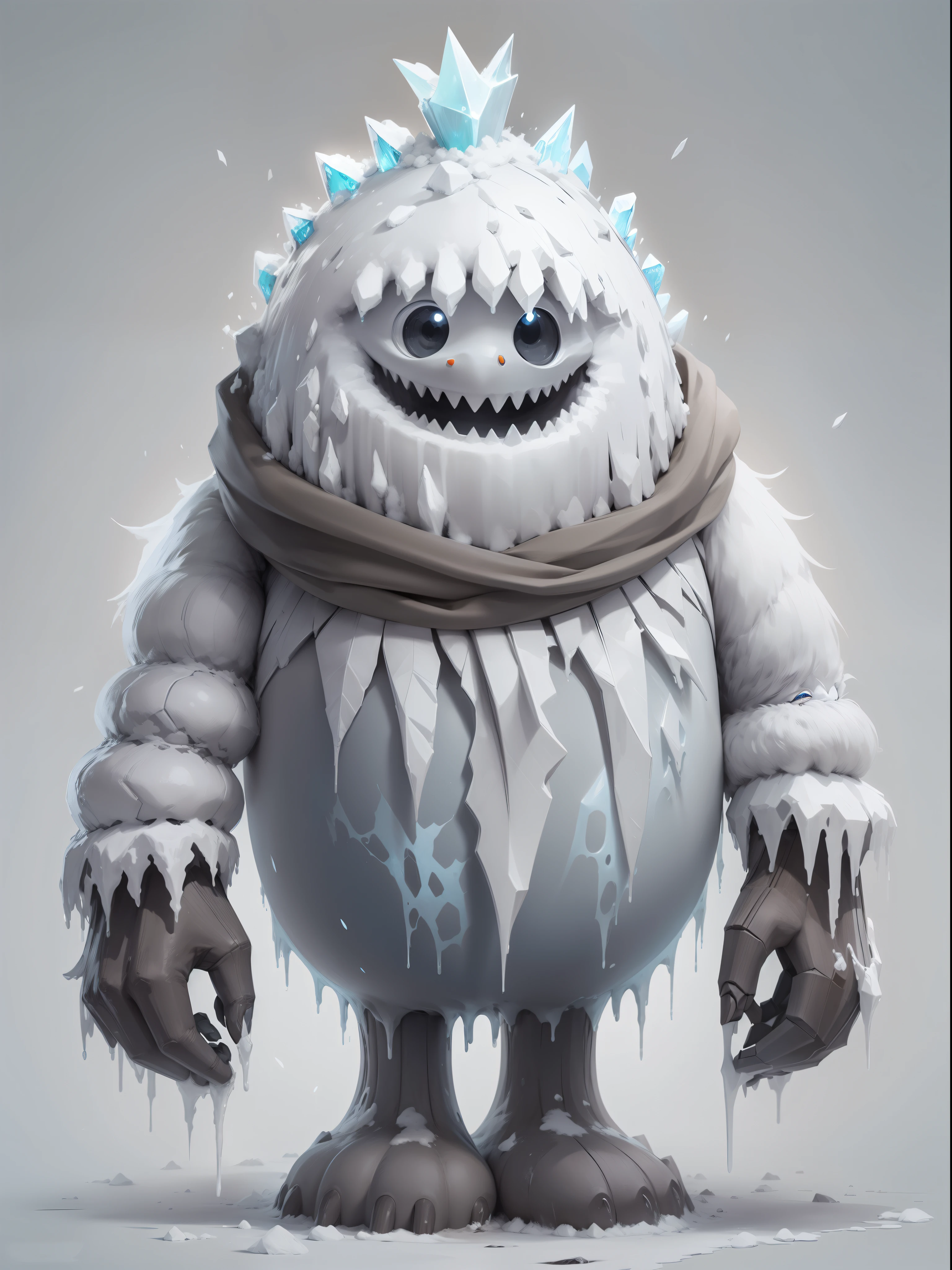 Ice Monster, powerfull, Looking like a snowman, Icicle nose, Wooden arms, Character design, hiquality, crisp detailing, ((((Full-length)))), (((MATTE GRAY BACKGROUND)))