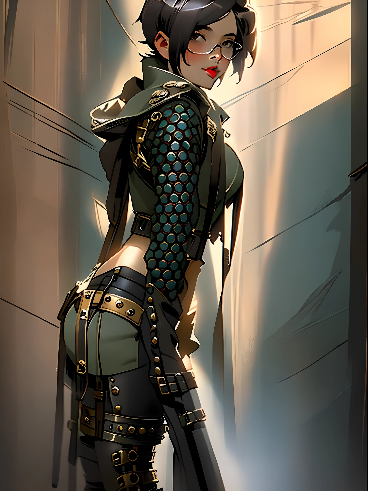 ((melhor qualidade)), ((obra prima)), ((absurdres)), Woman with glasses and a dieselpunk outfit, Nijistyle, dieselpunk soldado , in a post-apocalyptic setting, guerreira com roupas curtas, post apocalyptic attire, Poderosa princesa do deserto, meninapunk, em estilo mad max, estilo de fantasia steampunk, uma deusa Steampunk bonita, fantasia Steampunk, dieselpunk setting, Short-haired girl in a beautifully lit scene during a sunny morning, Nijistyle