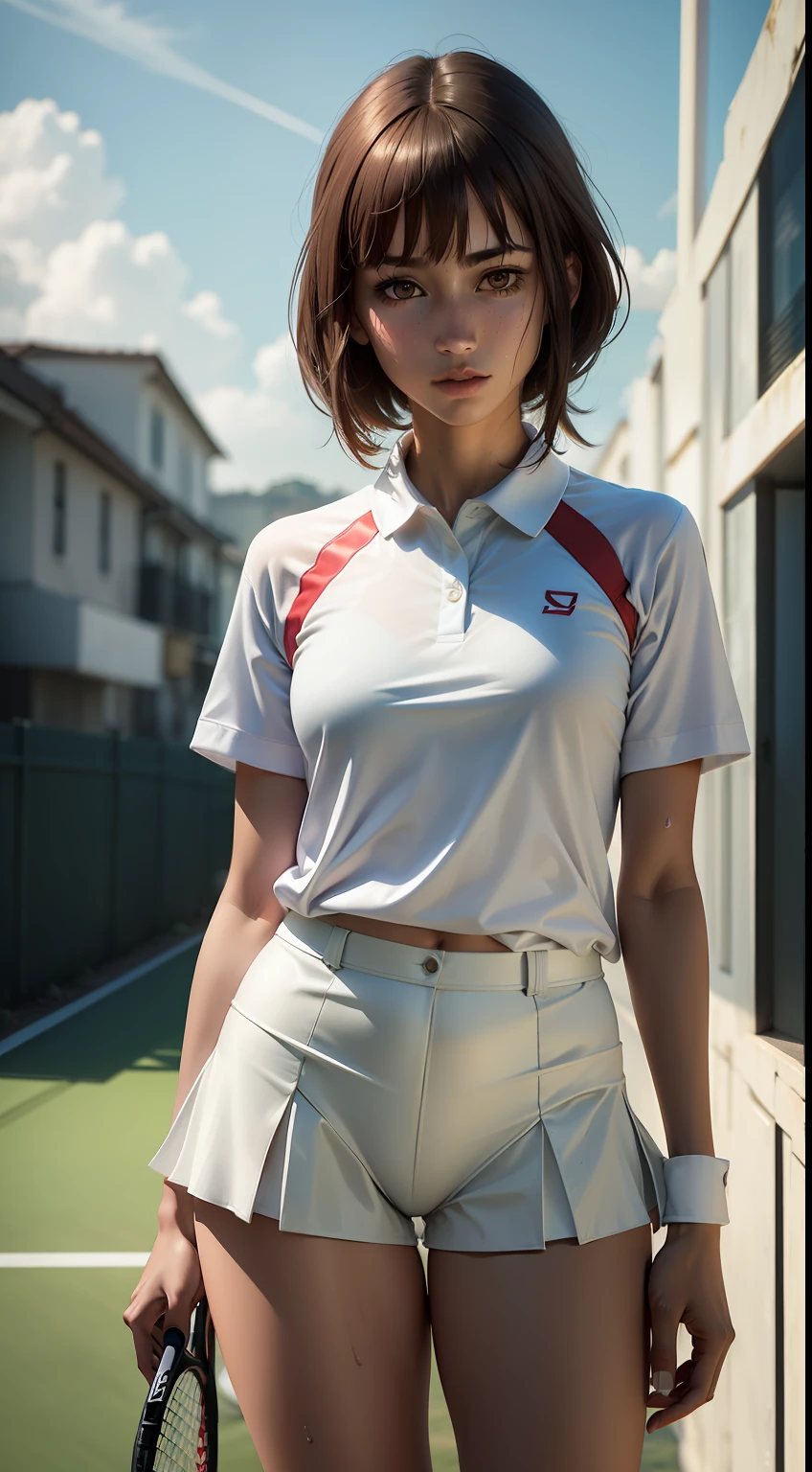 1girl, solo, white polo shirt, white sneakers, tennis suit, white panties, masterpiece, best quality, realistic, super detailed, (shiny skin, sweating: 1.4), ridiculous, looking at the audience, short black hair, brown eyes, slender, dynamic light and shadow, high resolution, sharp focus, depth of field, fine eyes, sharp pupils, realistic pupils, (small chest: 1.6), (thigh thickness: 1.0), outdoor, sky