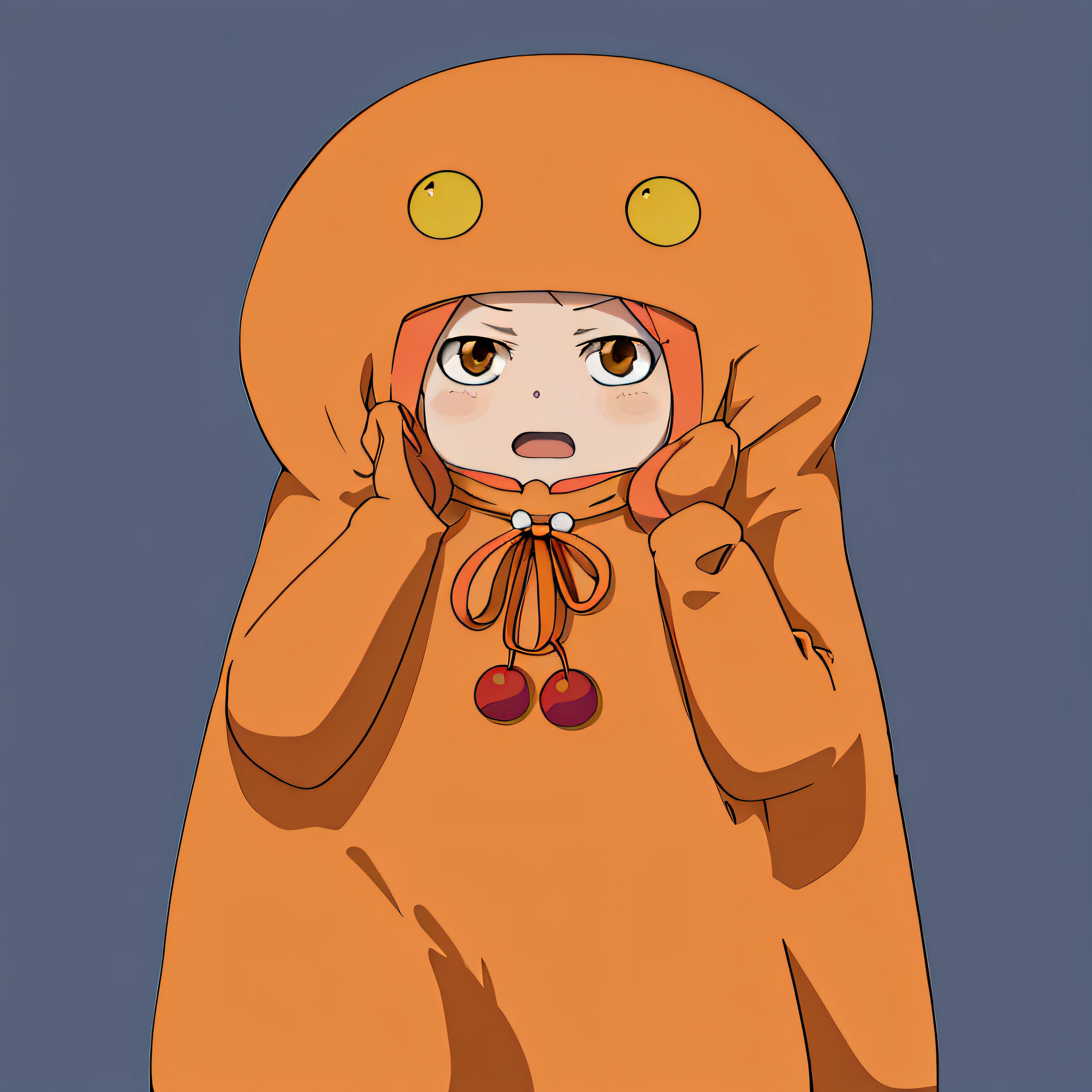 inoueorihime,Anime character wearing a hood and a pair of shoes, umaru-chan, Yoshitomo Nara, inspired by Nara Yoshitomo, blob anime, Loli, hyuga hyuga, tsukasa dokite, saori, orange head, humanoid pink female squid girl, inspired by Taiyō Matsumoto