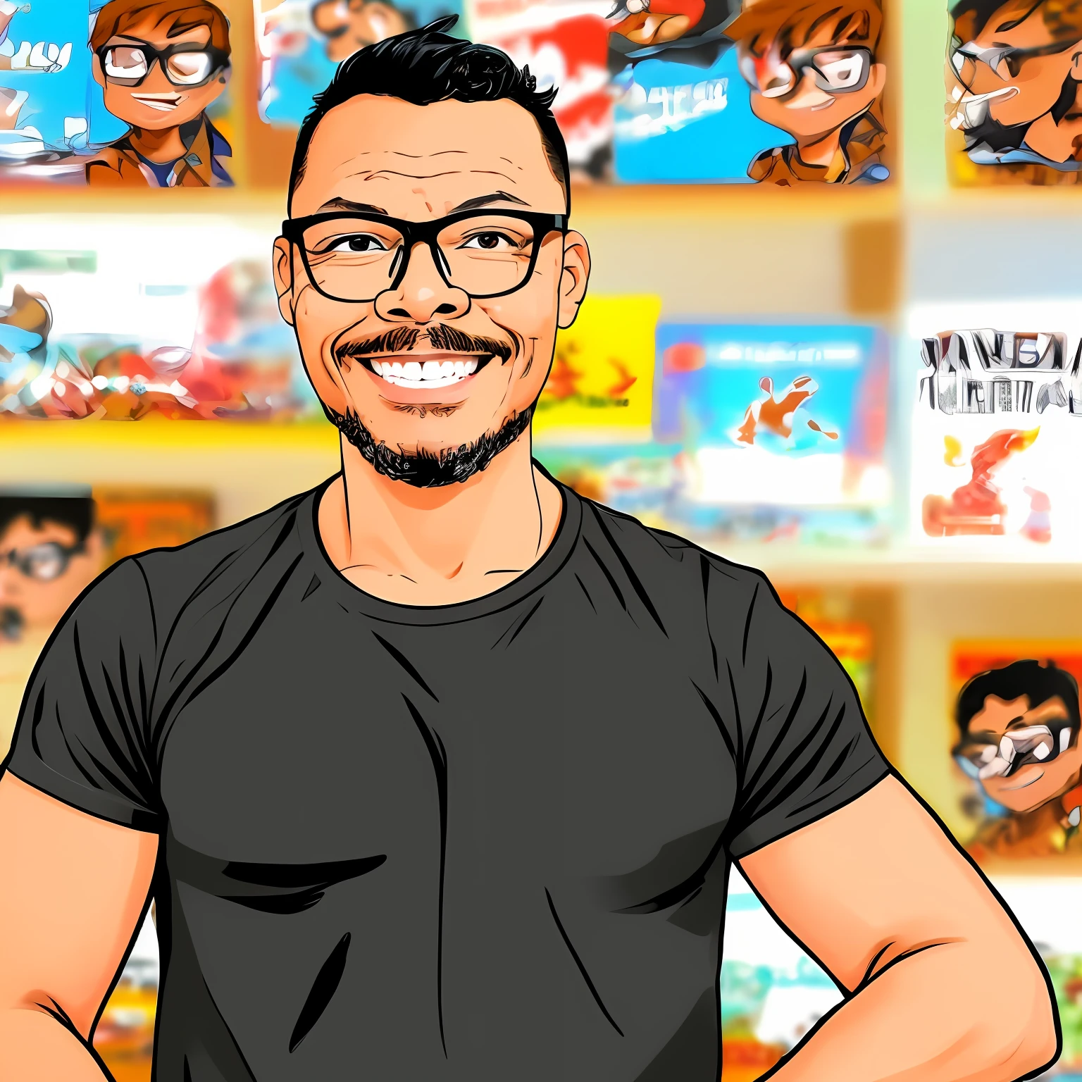 guttonerdjul23, 2d illustration of man, light-skinned, wearing glasses, smiling, black t-shirt, front view, looking directly at viewer, short hair, brown eyes, cartoon style, comic book background, blur background