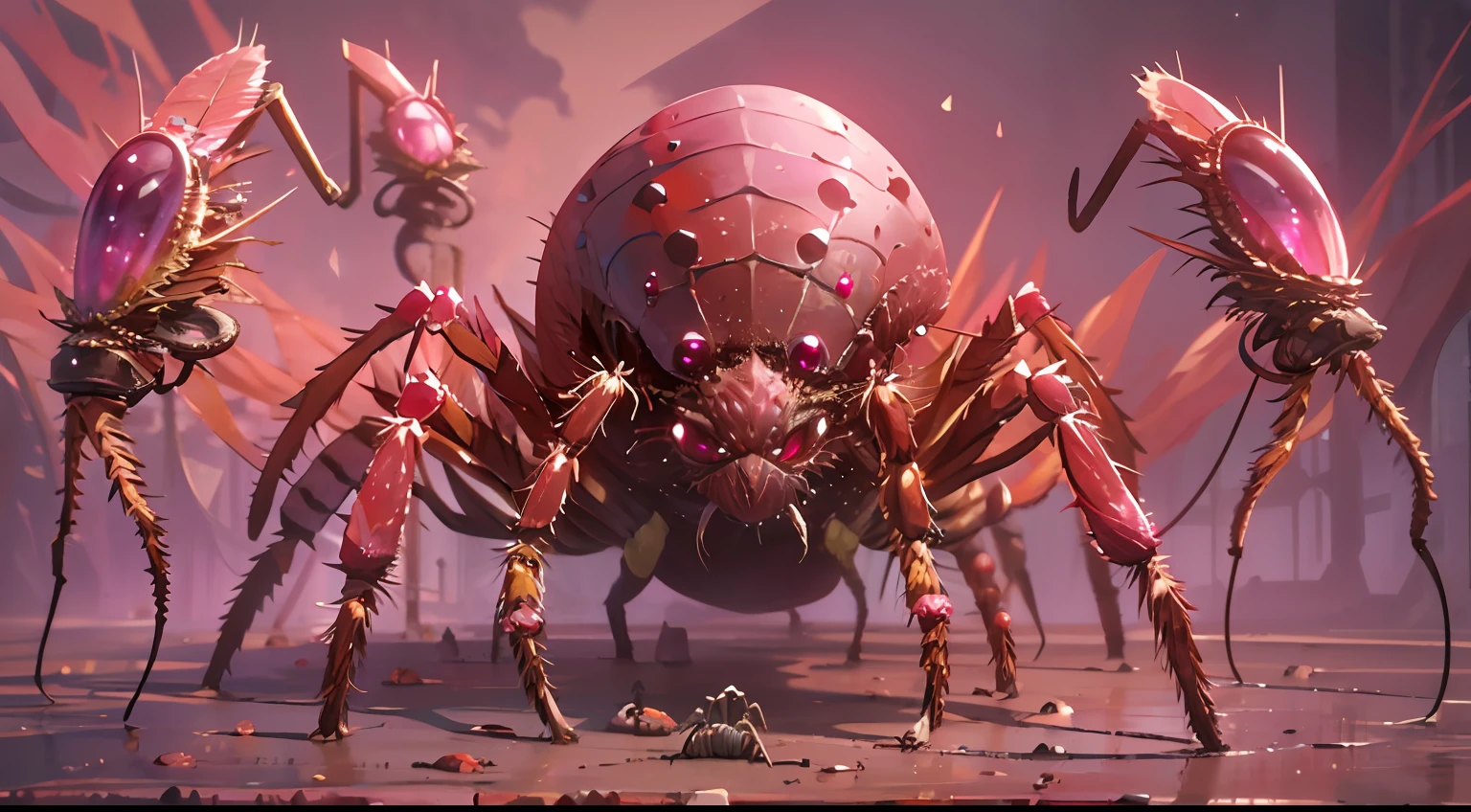 SCP-632 Inclusive Arachnid Thoughts, from SCP lore, a small type of arachnid, Pink color and size of 10-15mm, Colony formation, horror, Terrifying and decadent tradition, Artstation, Hiperrealista, Arte conceptual, Foto premiada, 8k