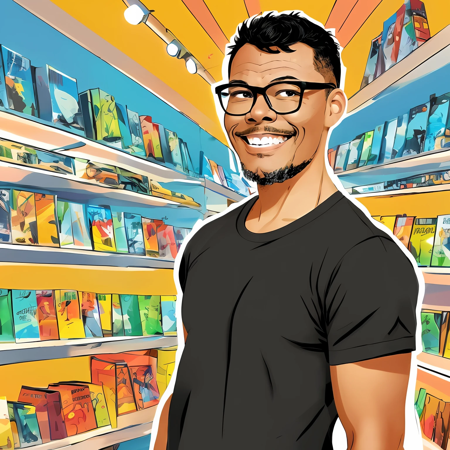 guttonerdjul23, 2d illustration of man, light-skinned, wearing glasses, smiling, black t-shirt, front view, looking directly at viewer, short hair, brown eyes, cartoon style, comic book background, blur background