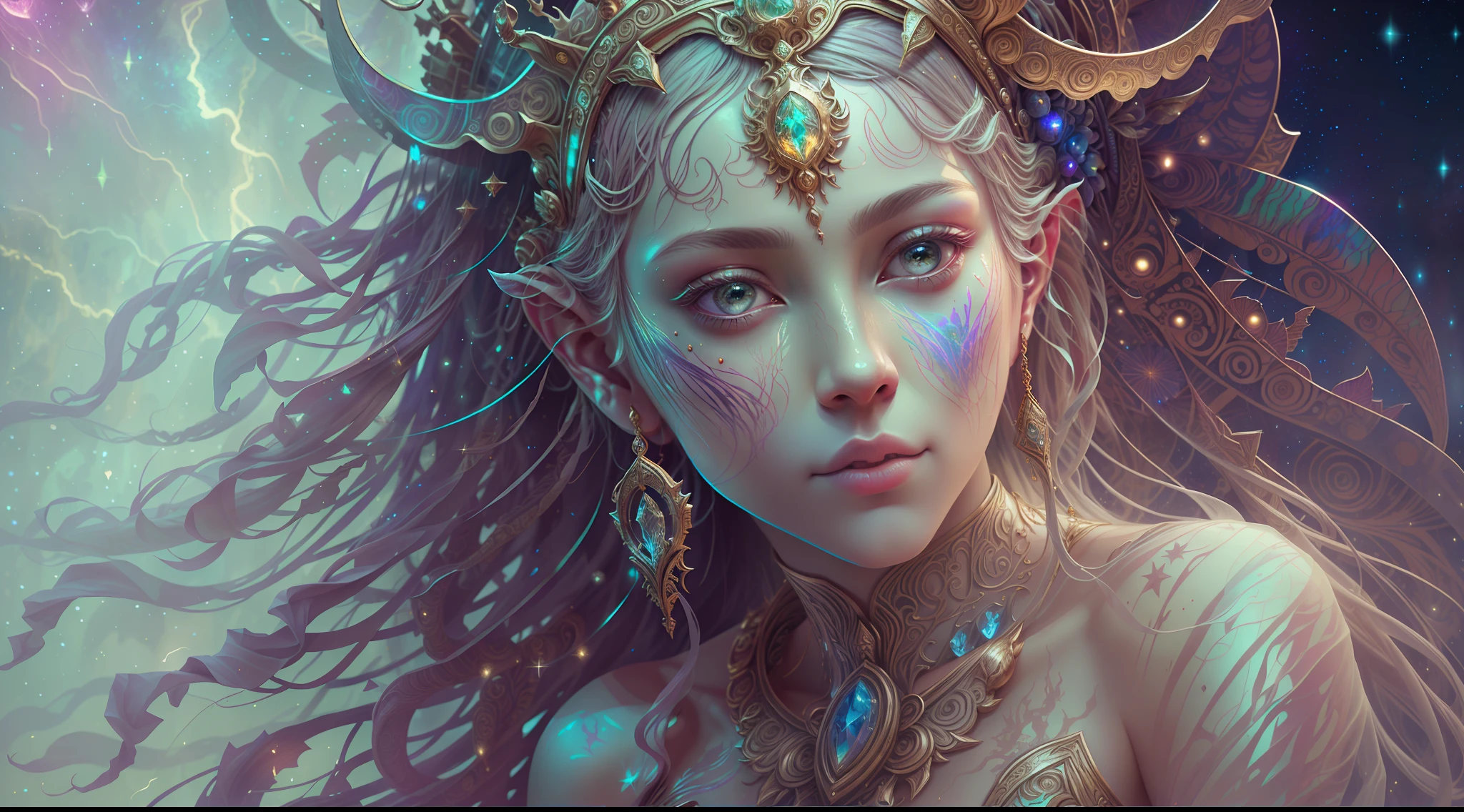 Eldritch, Harsh ancient gods in the night storm, Cloaked in a starry sky, [[Sophia Anne Caruso]], [zendaya], Translucent ivory prosthetic Eldridge horror, Erotic pose, Cinematic lighting, (By (Daniel Mernagh) (Carne Griffiths) Monika Nowak), Highly detailed, Detailed face, Soft body, Alien, Close-up of a goddess with a crown on her head, goddes, Full body like，a stunning portrait of a goddess, Fantasy art Behance, goddes, Extremely high detail, Trending ArtStation, Deviantart ArtStation CGSCOSIETY, extremely detailed goddess shot, trending on artstation 4k, 3 d goddess portrait, hindu aesthetic, Art Station Trend Eldridge, Harsh ancient gods in the night storm, Cloaked in a starry sky, [[Sophia Anne Caruso]], [zendaya], Translucent ivory prosthetic Eldridge horror, Erotic pose, Cinematic lighting, (By (Daniel Mernagh) (Carne Griffiths) Monika Nowak), Highly detailed, Detailed face, Soft body, Alien, Close-up of a goddess with a crown on her head, goddes, Full body like，a stunning portrait of a goddess, Fantasy art Behance, goddes, Extremely high detail, Trending ArtStation, Deviantart ArtStation CGSCOSIETY, extremely detailed goddess shot, trending on artstation 4k, 3 d goddess portrait, hindu aesthetic, Trend at Artstation