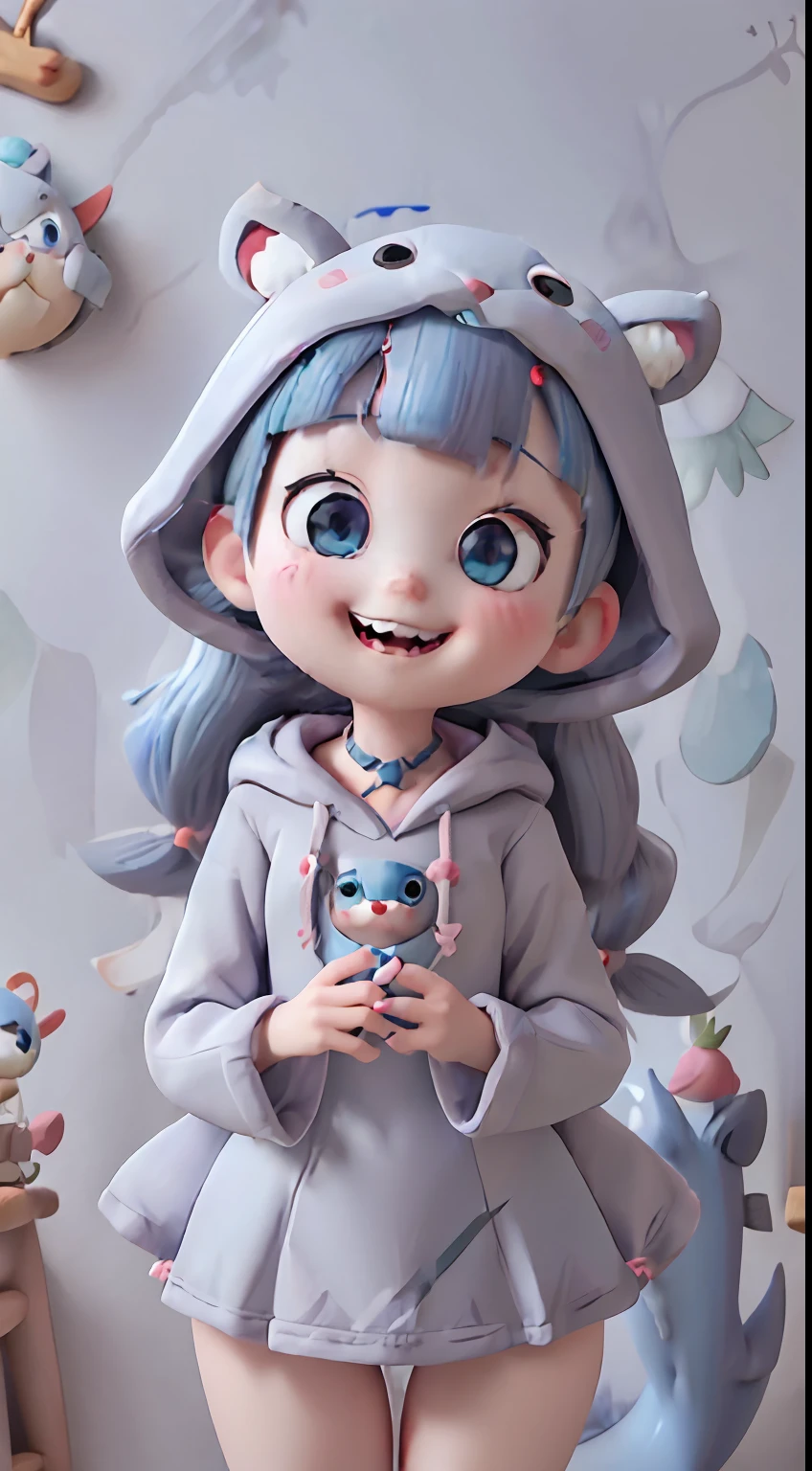 gawr gura . 1girl . animal hood . bangs . blue eyes . blue hair . blunt bangs . blush . clothes lift . collarbone . double v . fins . fish tail . grey hair . grin . hair ornament . heart . heart-shaped pupils . hood . lifted by self . long hair . long sleeves . looking at viewer . multicoloured hair . navel . no pants . . juice . shark girl . shark hair ornament . shark hood . shark tail . sharp teeth . smile . solo . streaked hair . symbol-shaped pupils . tail . teeth . two side up . uncensored . virtual youtuber . wide sleeves