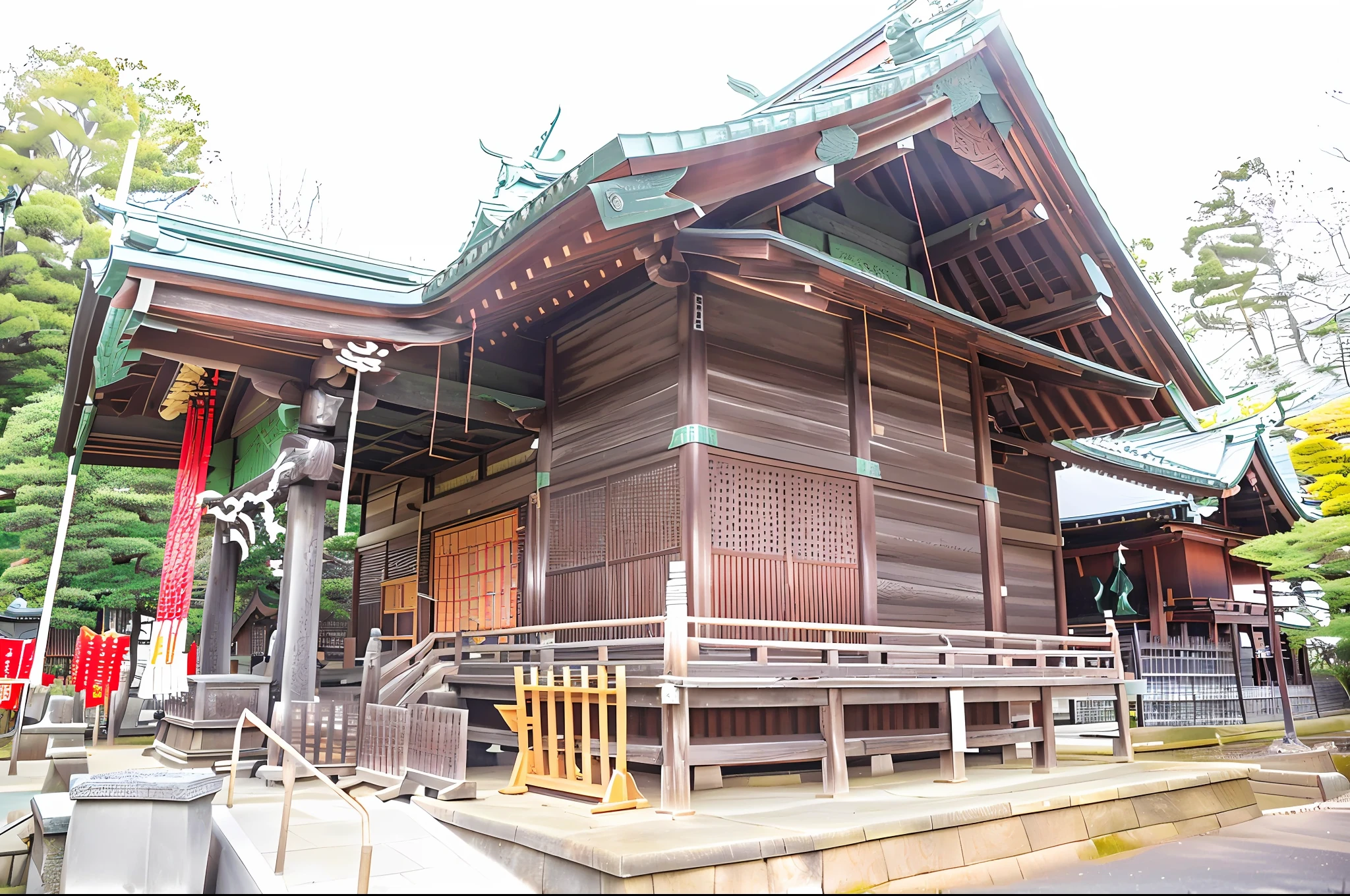 There is a large wooden building with a green roof, shrines, japanese temples, ancient japanese architecture, Shrine of Japan, japanese temples, Preserved history, temple, front side, sacred place, hakusensha, shrines, inspired by Gusukuma Seihō, Pointed wooden roof, the photo shows a large, pagoda with a lot of wind chimes