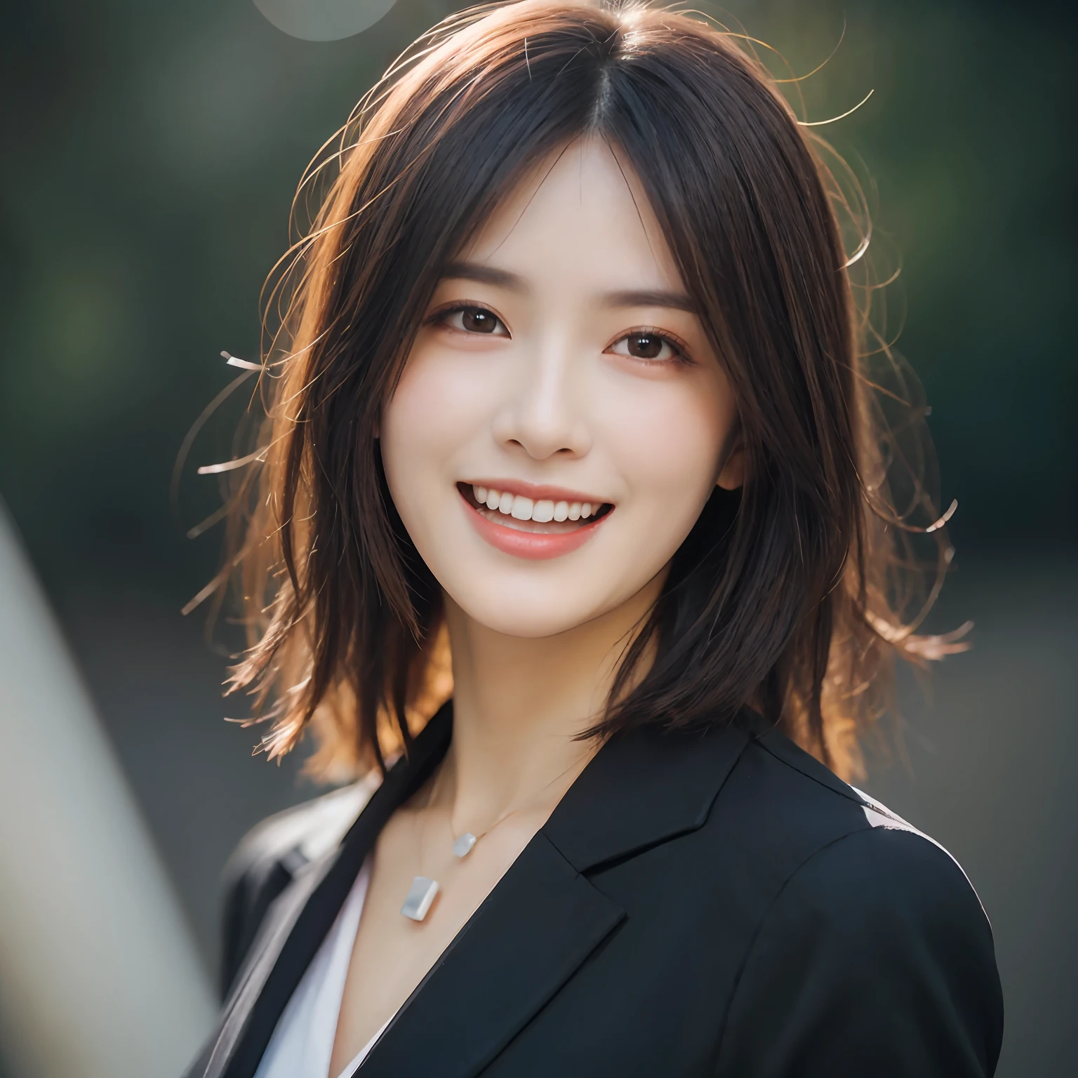 Dressed, (photographrealistic:1.4), (Hyper realistic:1.4), (Realistic:1.3), (Smoother lighting:1.05), (increase cinematic lighting quality:0.9), 32K, 1girl in,25-years old, Realistic lighting, Backlighting, Light on Face, raytrace, (Brightening light:1.2), (Increase quality:1.4), (Top quality real texture skins:1.4), finely detailed eyes, finerly detailed face, (tired and sleepy and joy:0), (Laugh:1.4), Black Suit,a necklace, (Increase body line mood:1.1), (Increase the beauty of skin texture:1.1)