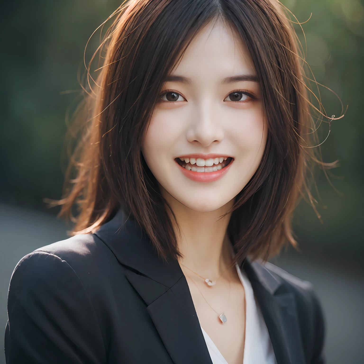 Dressed, (photographrealistic:1.4), (Hyper realistic:1.4), (Realistic:1.3), (Smoother lighting:1.05), (increase cinematic lighting quality:0.9), 32K, 1girl in,25-years old, Realistic lighting, Backlighting, Light on Face, raytrace, (Brightening light:1.2), (Increase quality:1.4), (Top quality real texture skins:1.4), finely detailed eyes, finerly detailed face, (tired and sleepy and joy:0), (Laugh:1.4), Black Suit,a necklace, (Increase body line mood:1.1), (Increase the beauty of skin texture:1.1)