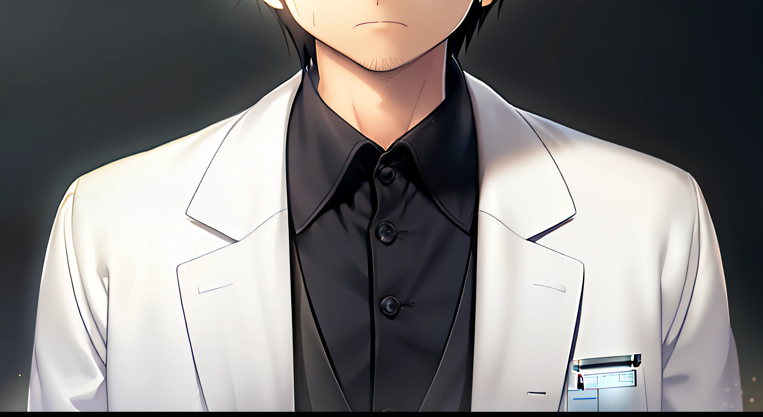 1boy, solo, cg art, sakaki, short black hair, a little big posture, a little bit overweight, indigo eyes, (white pharmacist coat), (formal clothes), looking at viewer, limbo, all black, close up, lighting, sad, glasses
