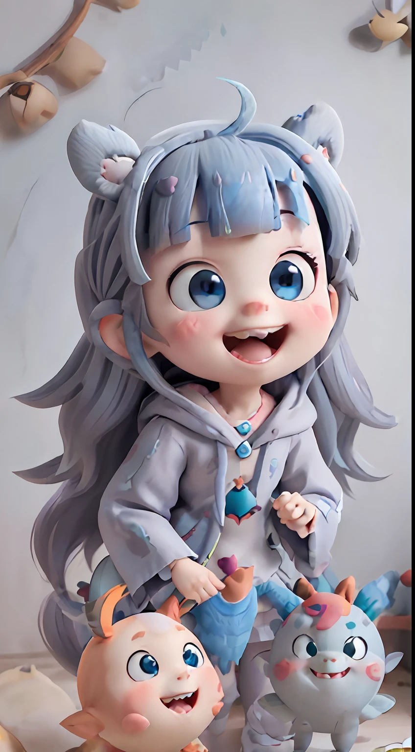 gawr gura . 1girl . animal hood . bangs . blue eyes . blue hair . blunt bangs . blush . clothes lift . collarbone . double v . fins . fish tail . grey hair . grin . hair ornament . heart . heart-shaped pupils . hood . lifted by self . long hair . long sleeves . looking at viewer . multicoloured hair . navel . no pants . . juice . shark girl . shark hair ornament . shark hood . shark tail . sharp teeth . smile . solo . streaked hair . symbol-shaped pupils . tail . teeth . two side up . uncensored . virtual youtuber . wide sleeves