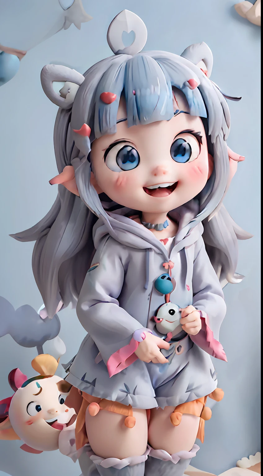 gawr gura . 1girl . animal hood . bangs . blue eyes . blue hair . blunt bangs . blush . clothes lift . collarbone . double v . fins . fish tail . grey hair . grin . hair ornament . heart . heart-shaped pupils . hood . lifted by self . long hair . long sleeves . looking at viewer . multicoloured hair . navel . no pants . . juice . shark girl . shark hair ornament . shark hood . shark tail . sharp teeth . smile . solo . streaked hair . symbol-shaped pupils . tail . teeth . two side up . uncensored . virtual youtuber . wide sleeves